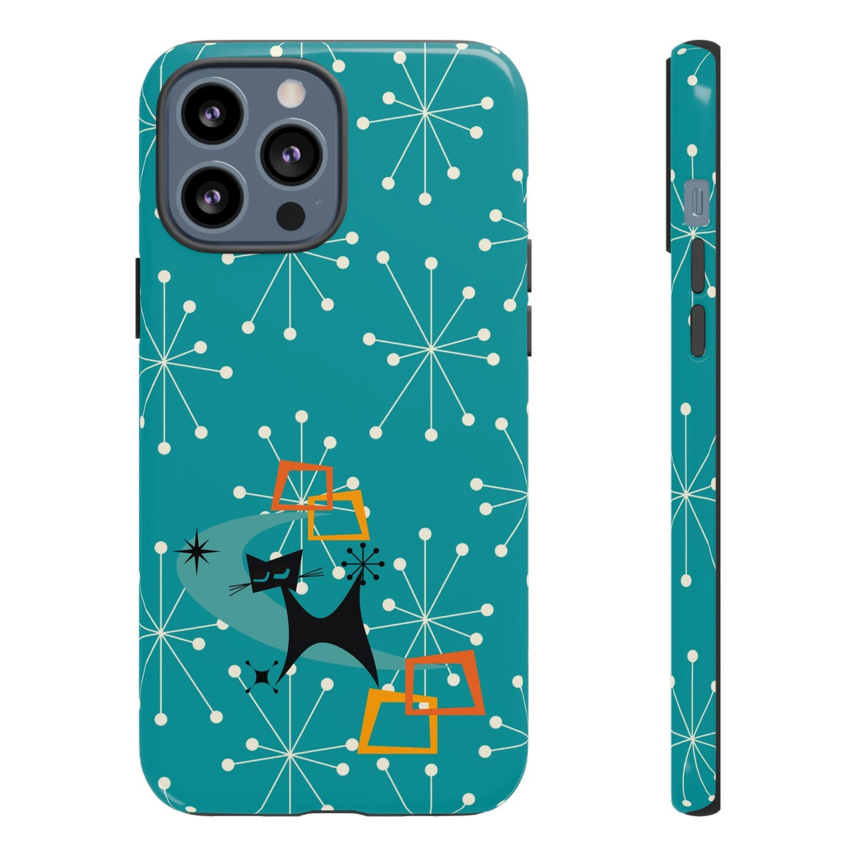 Atomic Space Cat, Starburst Blue, Retro Groovy Smart Phone Tough Phone Cases