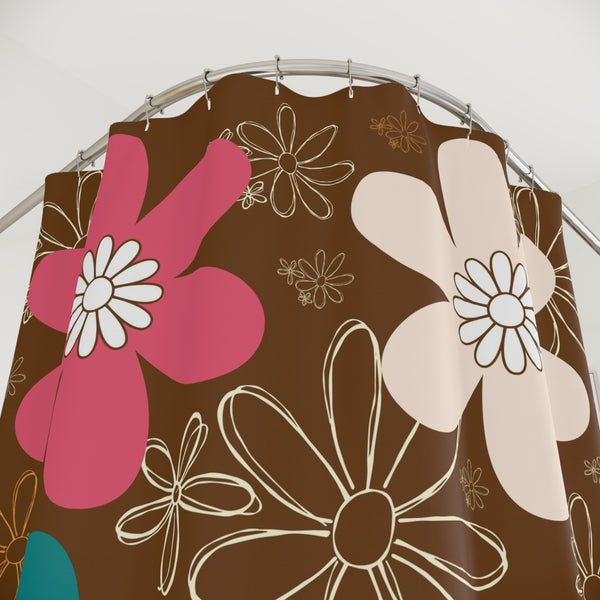 Retro Groovy Flower Power Orange Brown Teal, Bohemian Floral Shower Curtain - Vibrant Retro Bathroom Decor
