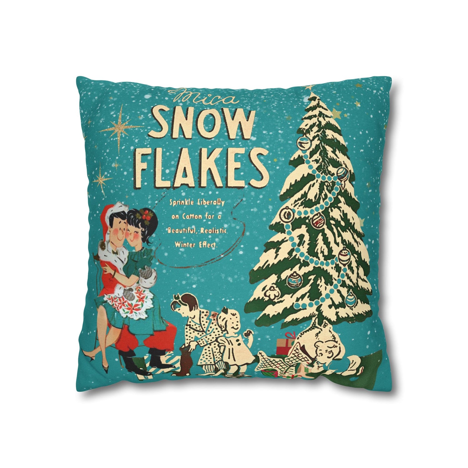 50s Mica Snow Christmas Pillow, Kitschy Mod Couple, Festive Fun Pillow Cover - Mid Century Modern Gal