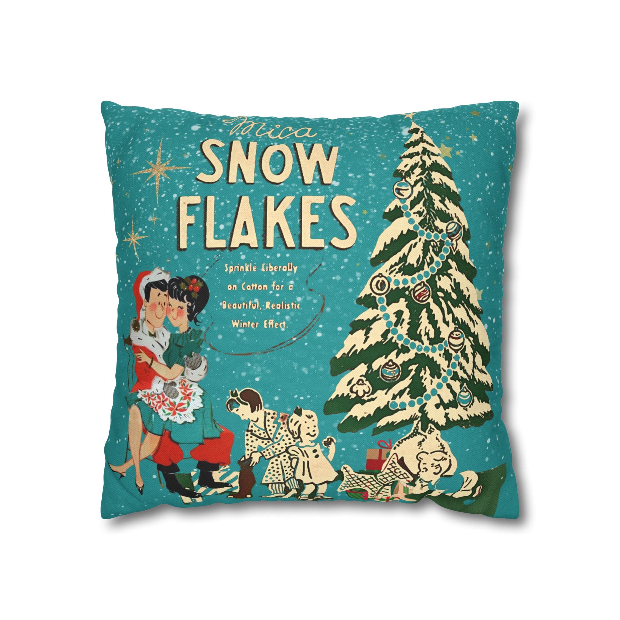 50s Mica Snow Christmas Pillow, Kitschy Mod Couple, Festive Fun Pillow Cover - Mid Century Modern Gal