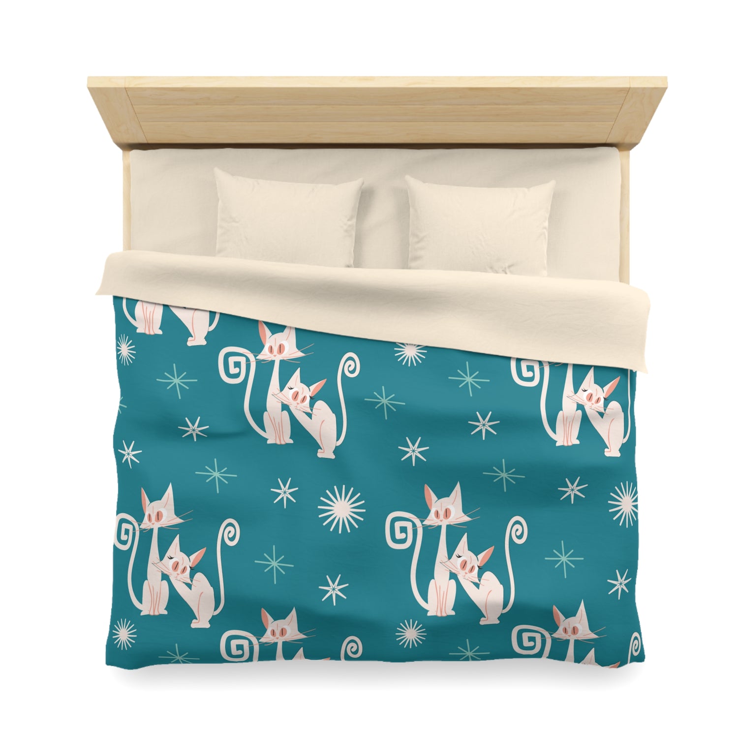 Mid Century Modern Atomic Kitty Cats, Teal, Starburst, MCM Microfiber Duvet Cover - Mid Century Modern Gal
