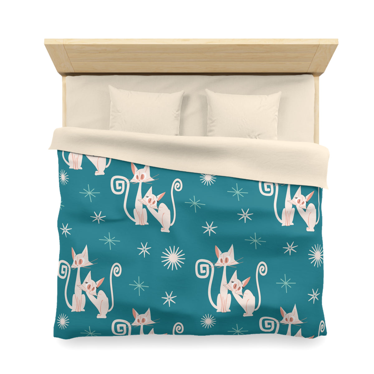 Mid Century Modern Atomic Kitty Cats, Teal, Starburst, MCM Microfiber Duvet Cover - Mid Century Modern Gal