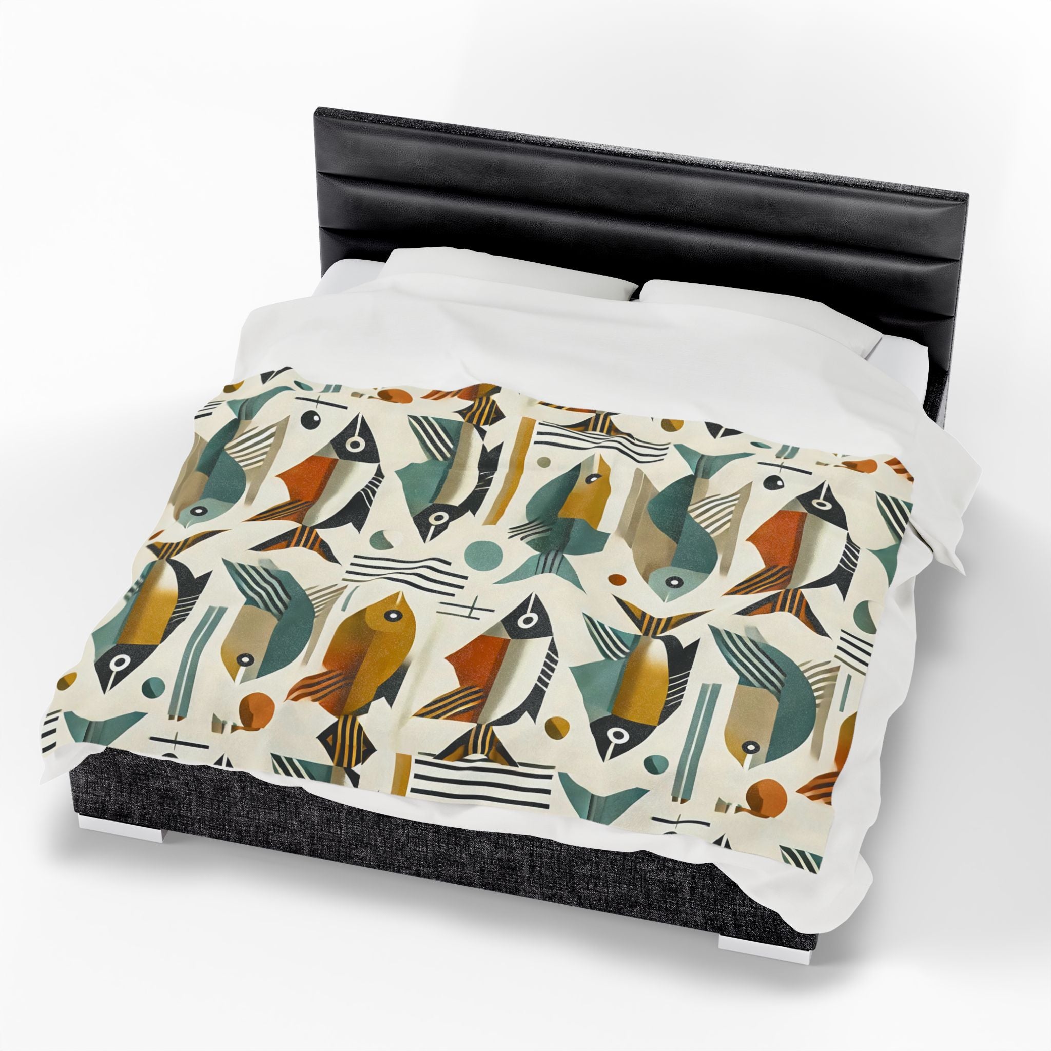Mid Century Modern Bauhaus Colorful Fish Pattern Plush Blanket for Cozy Living Spaces - Mid Century Modern Gal