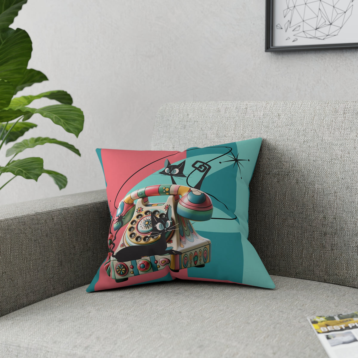 Atomic Cat Quirky Retro Rotary Phone, Kitschy Mid Mod, Pink, Aqua, Teal Broadcloth Pillow - Mid Century Modern Gal