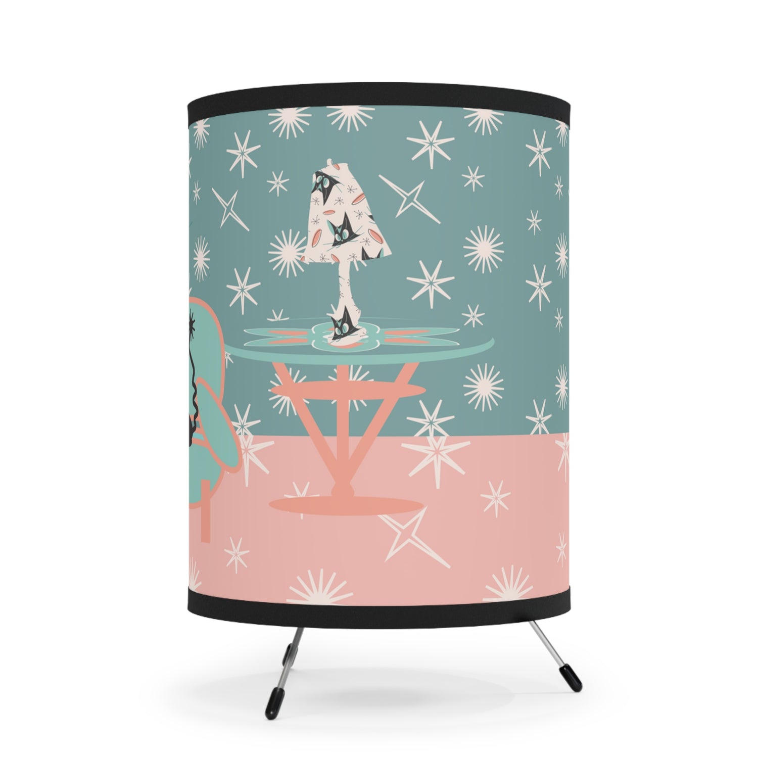 Atomic Cat Tripod Lamp, Pink, Aqua Starbursts, Mid Century Modern Kitschy Cats, Fun Side Table Lamp - Mid Century Modern Gal