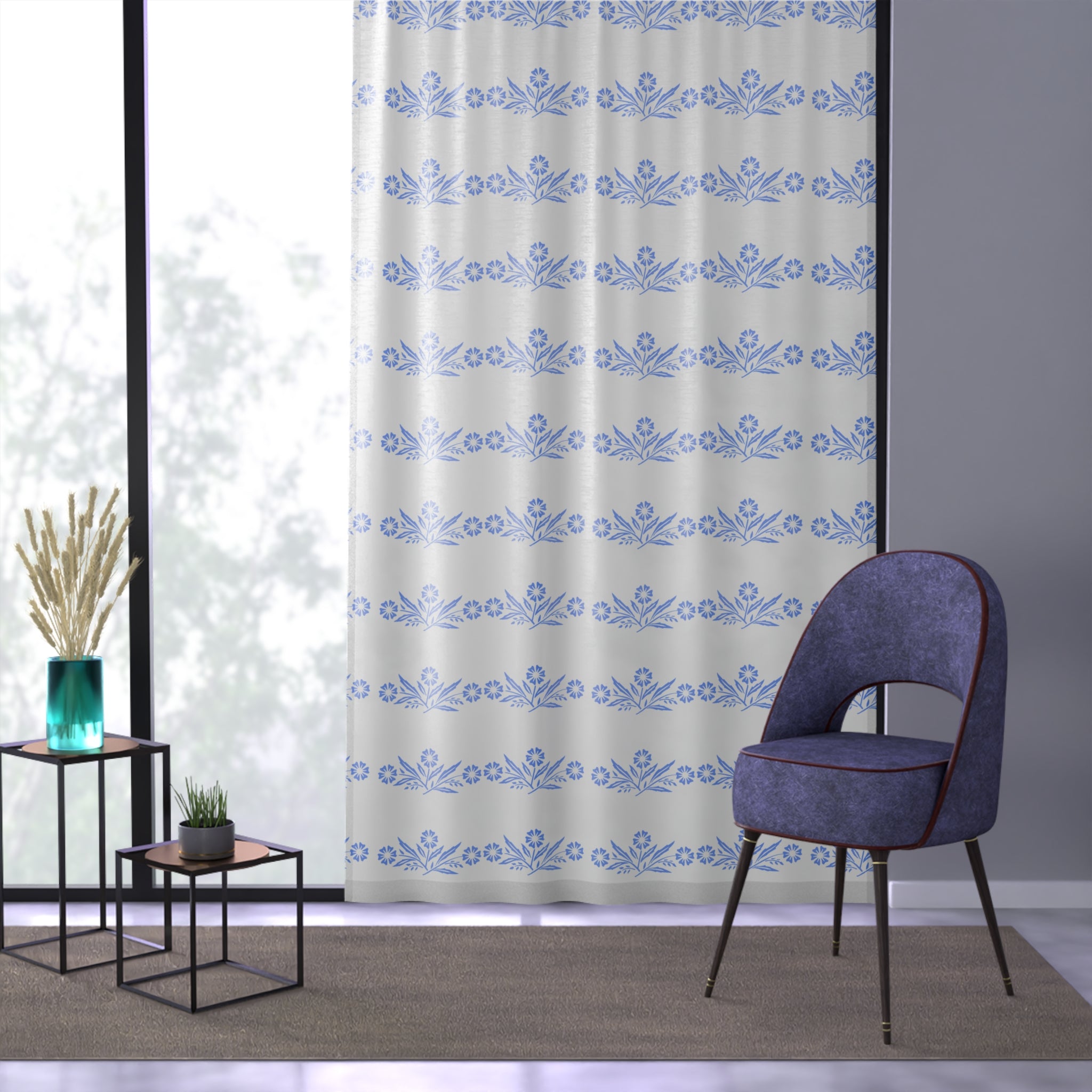 Cornflower Blue And White Kitschy Cheery Sheer Window Curtain - Mid Century Modern Gal