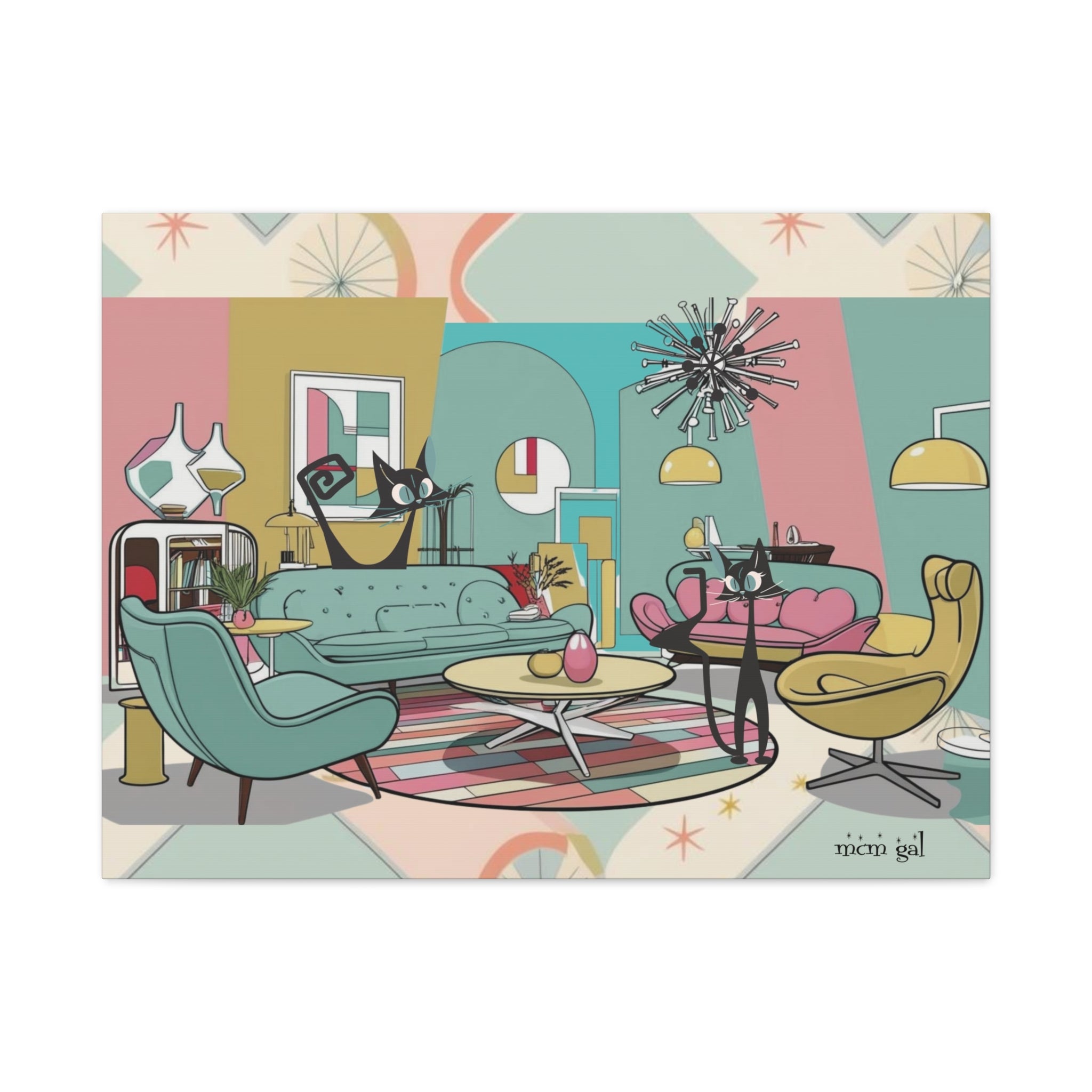 Mid-Century Modern Atomic Cat Kitschy Mod Living Room, Aqua, Pink, Starburst Original Art By MCM GAL - Mid Century Modern Gal