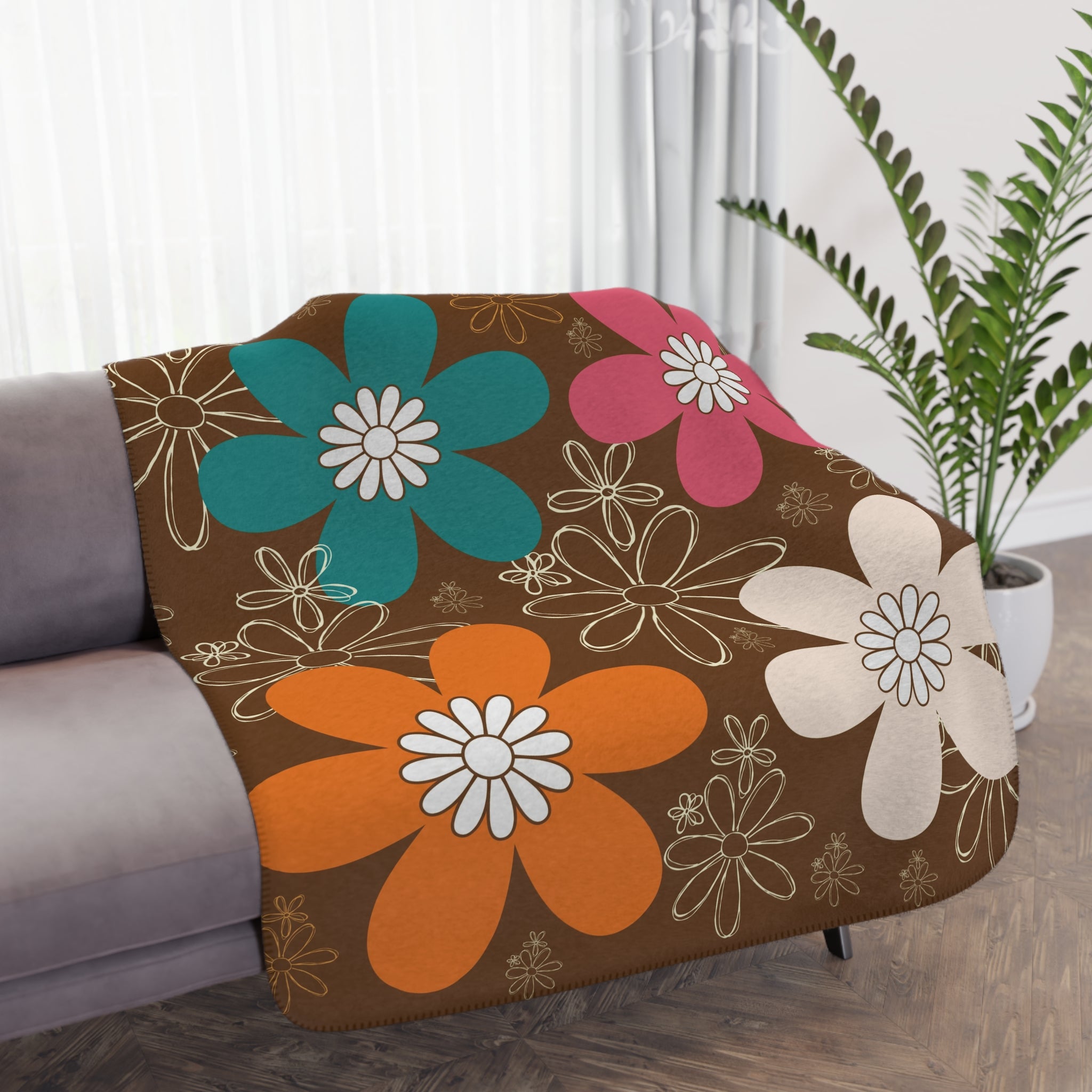 Retro Flower Power Brown, Orange Teal Pink Mid Mod Cozy Floral Tan Sherpa Blanket for Home & Gifts - Mid Century Modern Gal