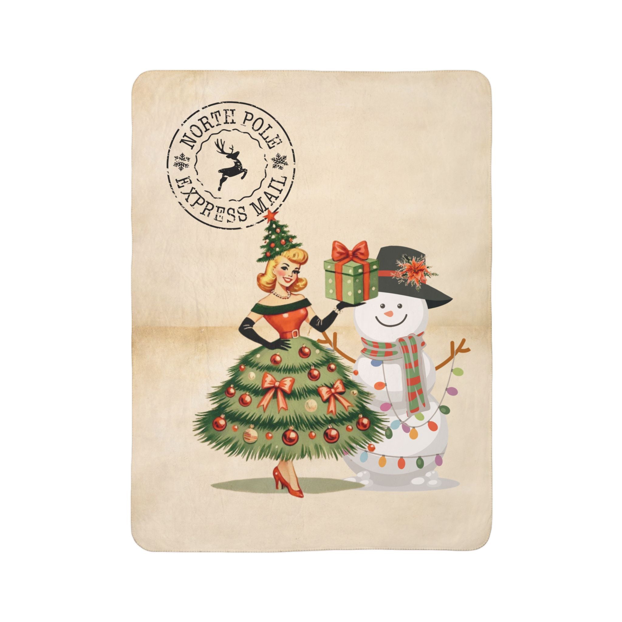 Retro Vintage Holiday 50s Kitsch Santa Gal, Snowman North Pole Cozy Seasonal Blanket - Mid Century Modern Gal