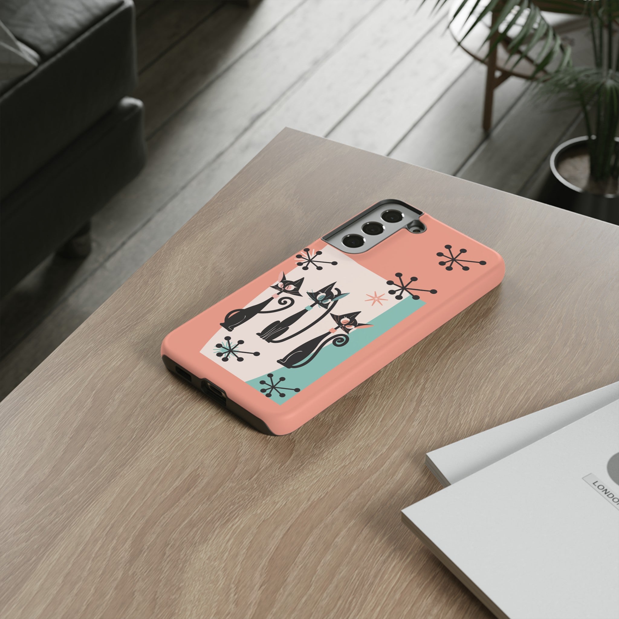 Atomic Cat Mid Mod Coral Aqua Blue Starburst Kitschy Fun Chic Samsung, Smart Phones Tough Cases - Mid Century Modern Gal