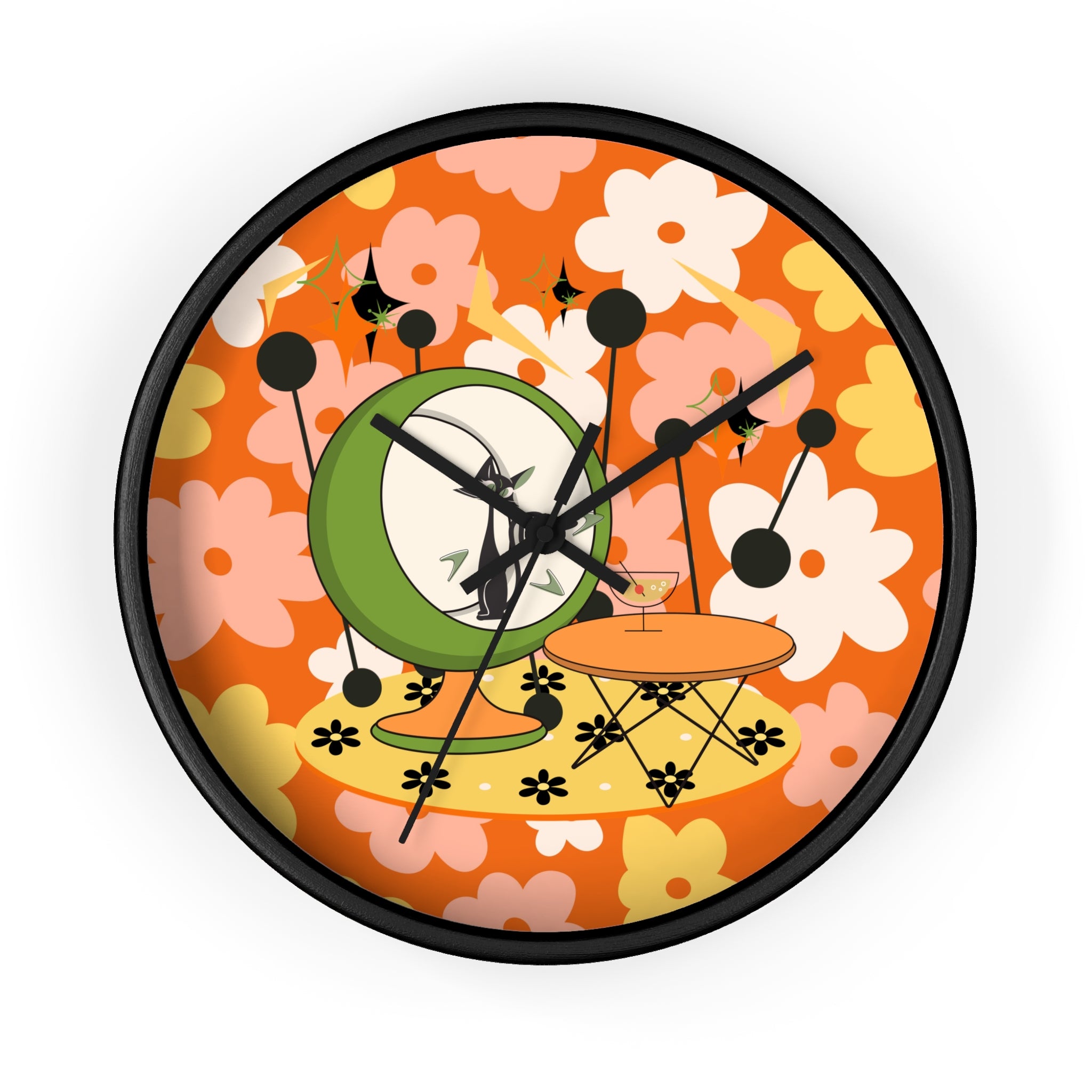 Atomic Cat Mid Century Modern Groovy Retro Floral Cat Wall Clock - Vintage Home Decor - Mid Century Modern Gal