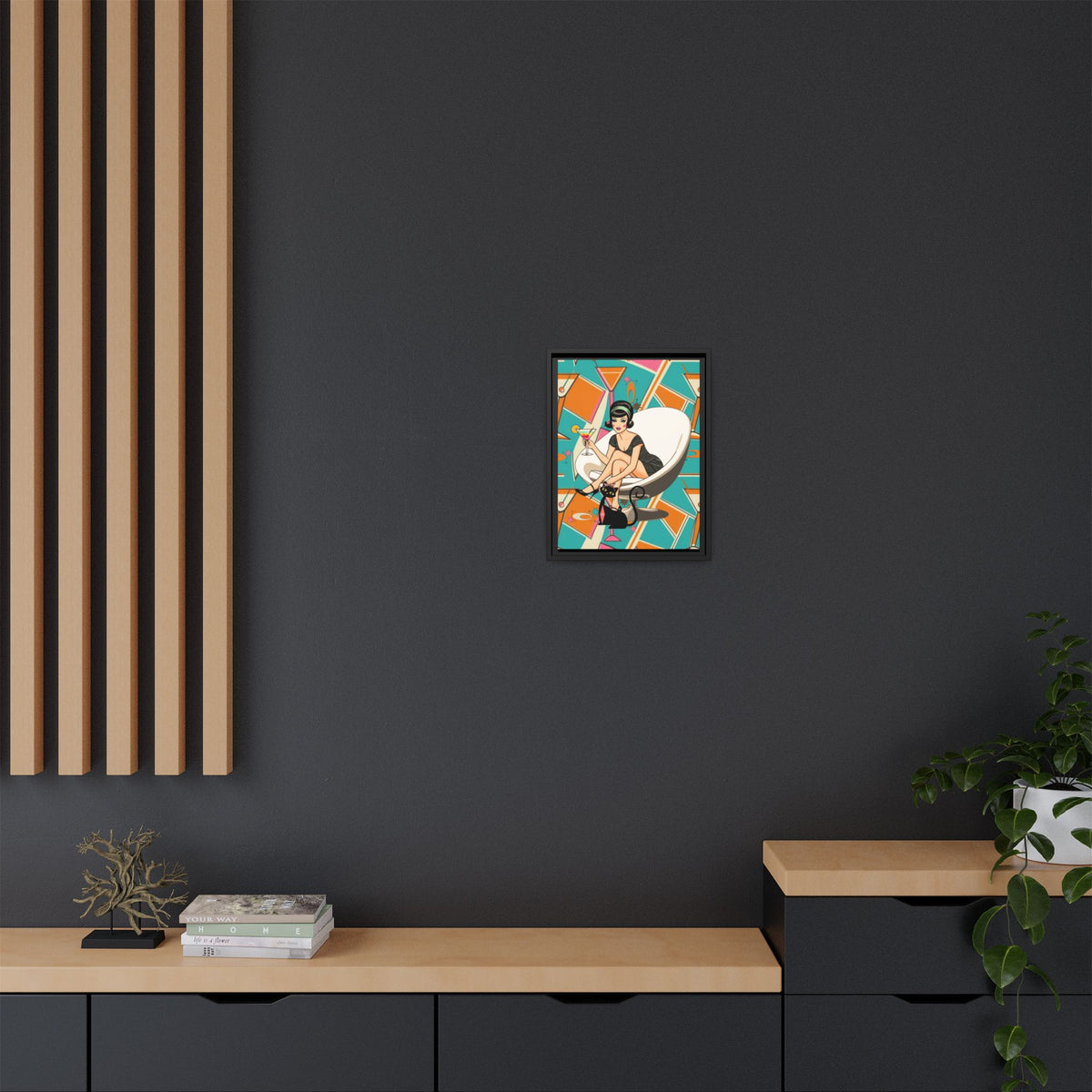 Framed matte canvas wall art featuring a vintage cocktail design with a retro cat, inspired by 1960s atomic style.