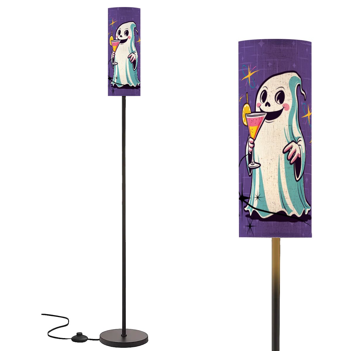 Retro Kitsch Ghost And Cocktail Hour, Mid Century Modern, Purple Aqua Starbursts, Floor Lamp - Mid Century Modern Gal