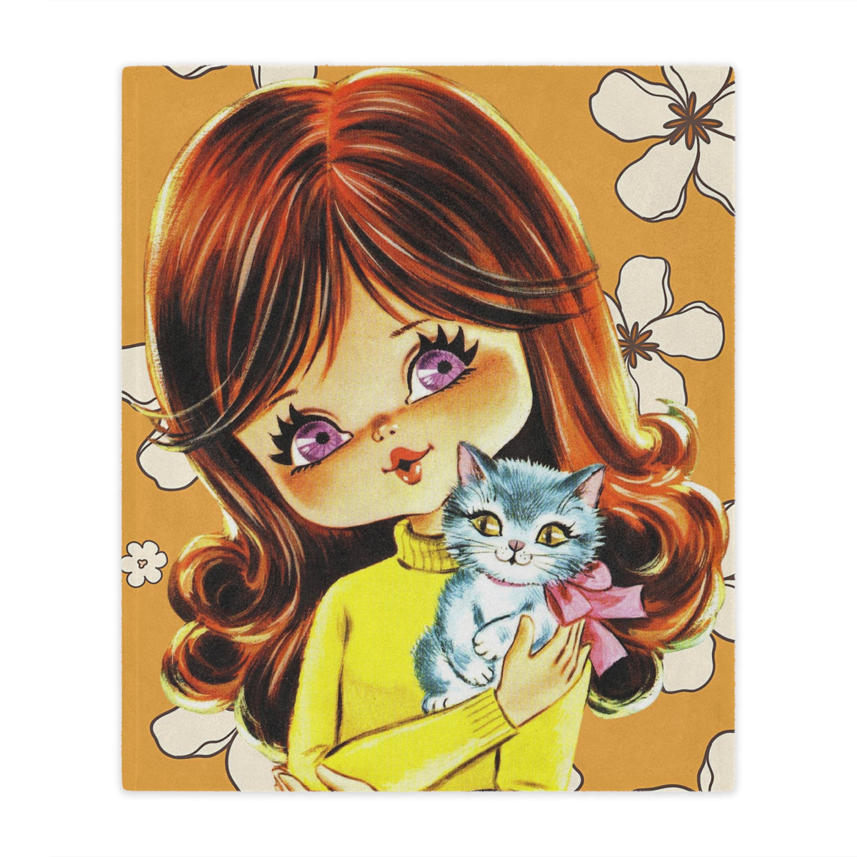 70's Flower Power Pillow, Big Eyed Girl, Violet, Brown Reddish Auburn Hair, Sweet Days Of the 70's, Kitschy Kittie Cat, Retro Minky Blanket - Mid Century Modern Gal
