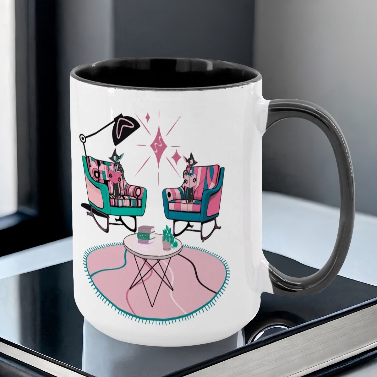 Atomic Reading Cats, Kitschy Mid Century Modern Large Colorful Mug (15oz) - Mid Century Modern Gal