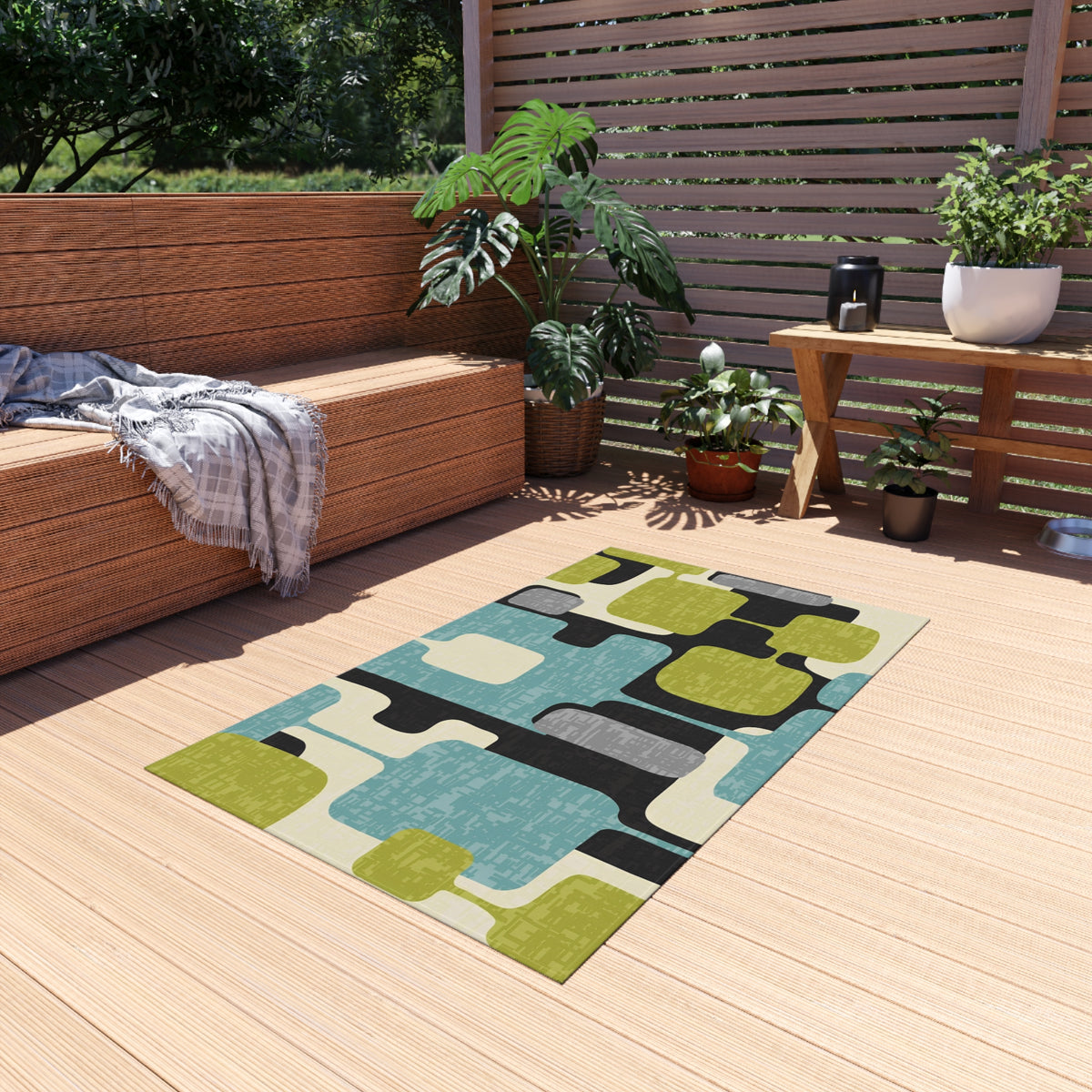 Mid Century Modern Geometric Indoor, Outdoor Area Rug, Lime Green, Aqua Blue, Black - Mid Century Modern Gal