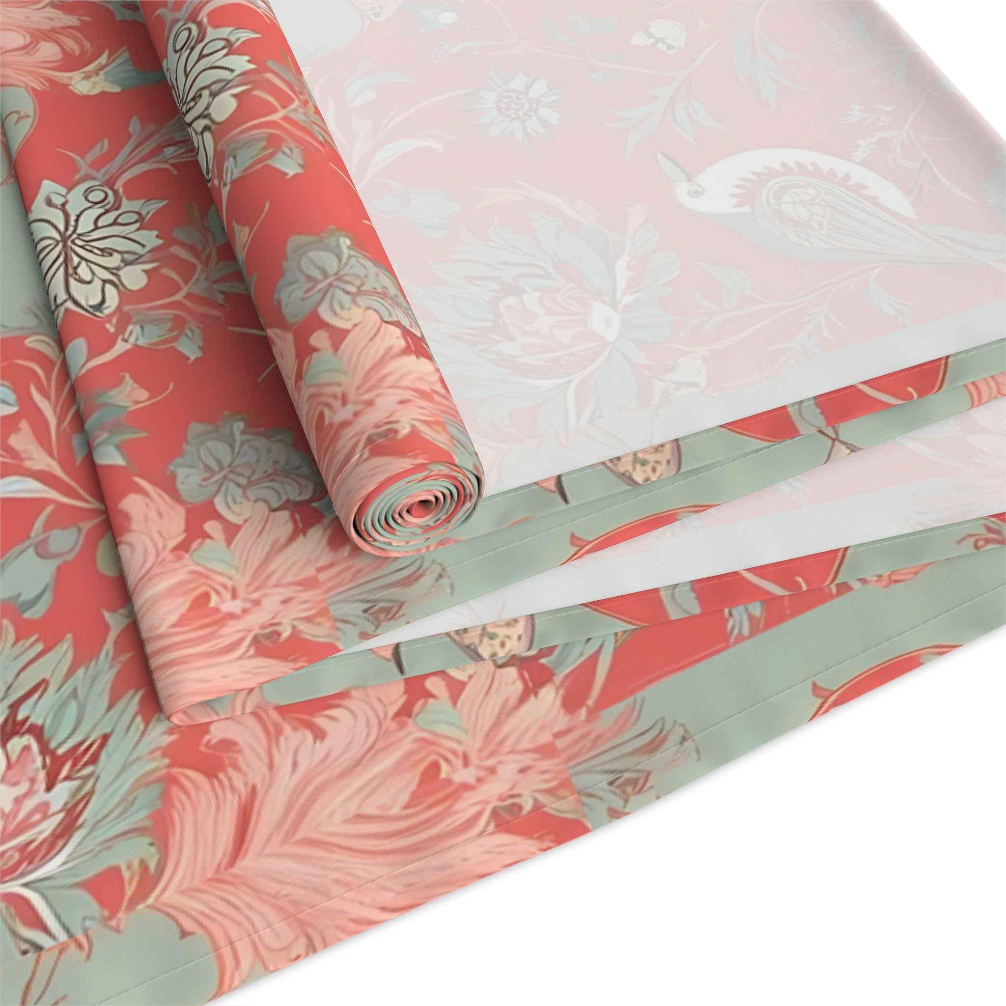 Chinoiserie Botanical Floral Coral, Mint Green Bohemian Floral Table Runner - Mid Century Modern Gal