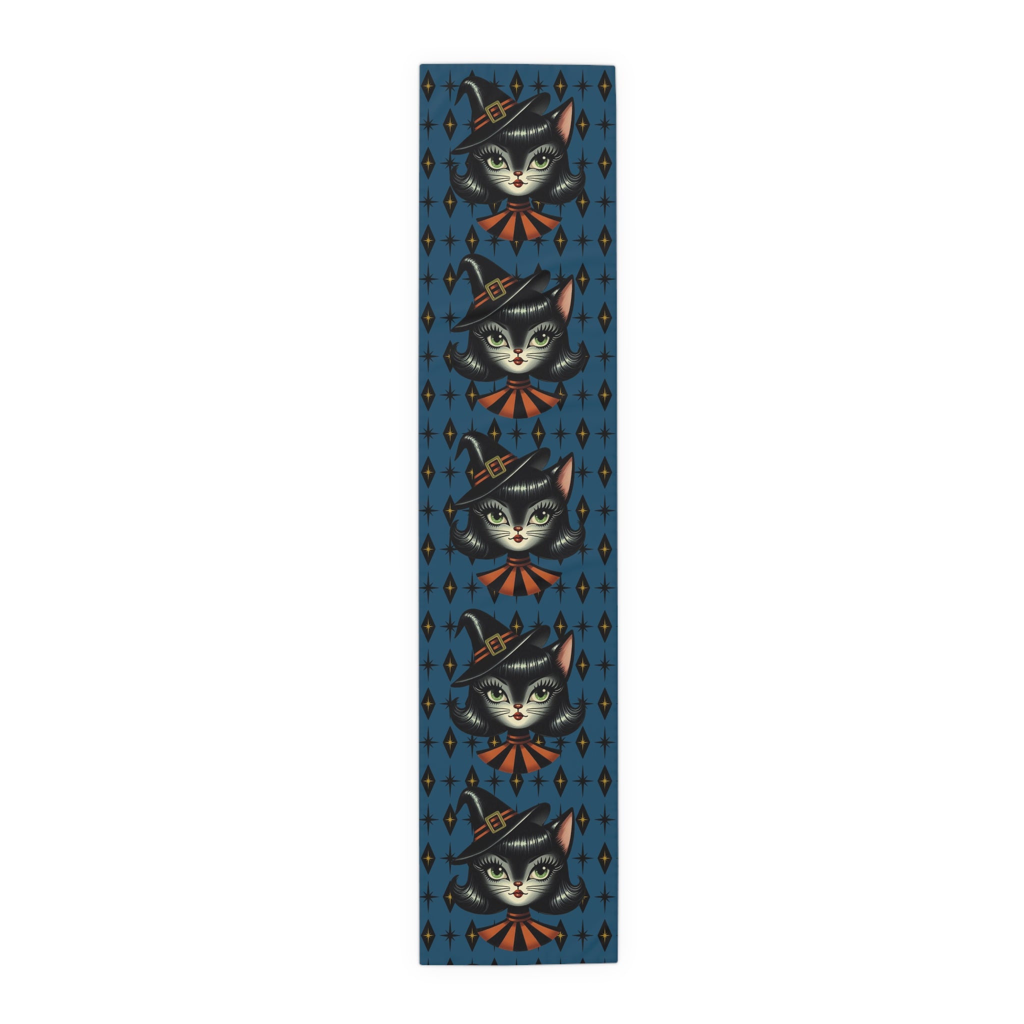 Vintage Halloween Black Cat Sexy Sexton Mid Century Modern Blue Table Runner - Mid Century Modern Gal