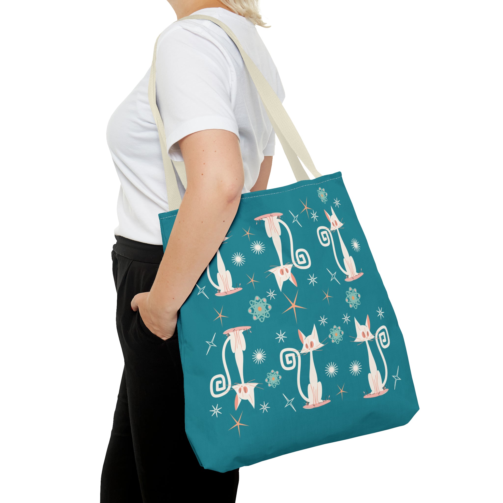 Atomic Kitties, White Kitschy Cats, Coral, Teal, Atomic Age Mid Century Modern Tote Bag - Mid Century Modern Gal