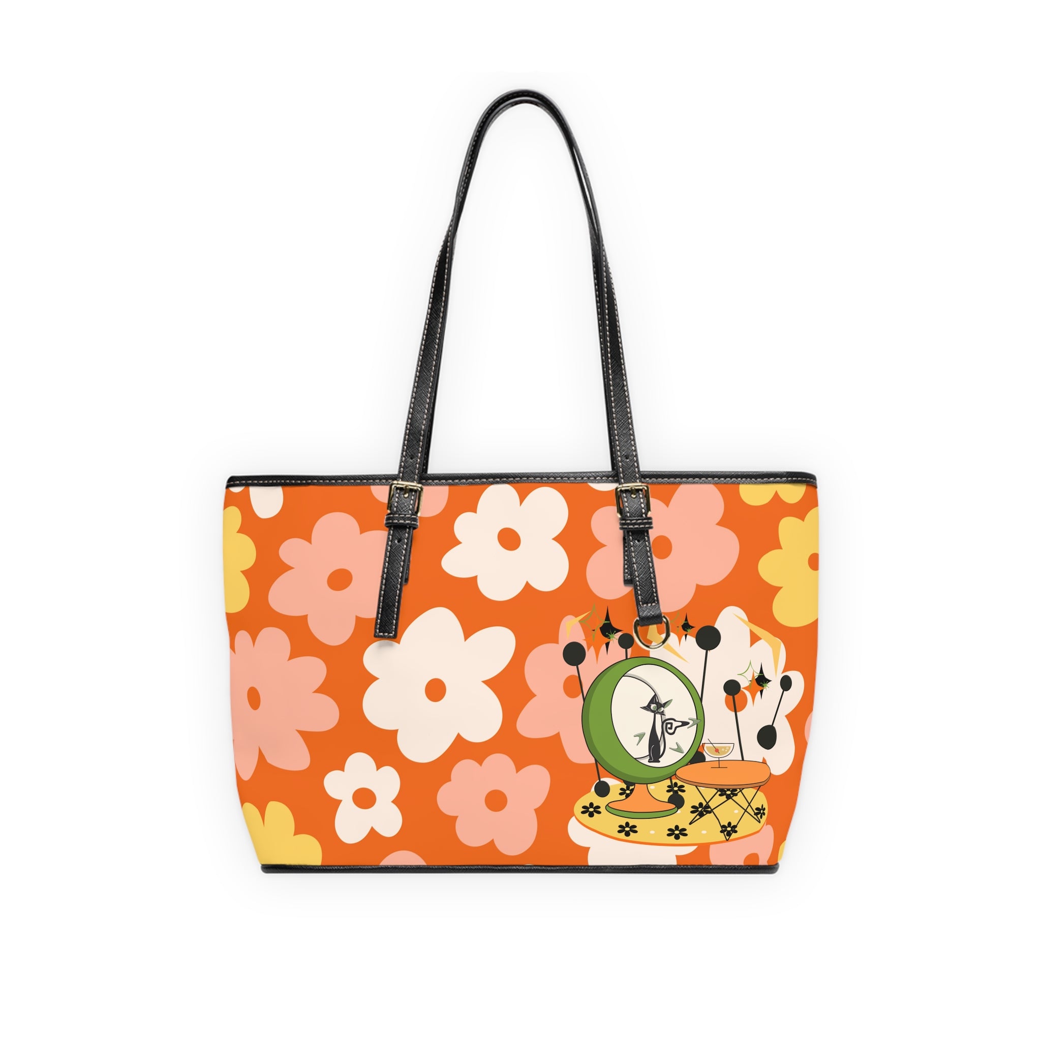 Atomic Cat Handbag, Shoulder Bag, Retro Summer Vibes Funky Floral Stylish Tote for Everyday Use - Mid Century Modern Gal
