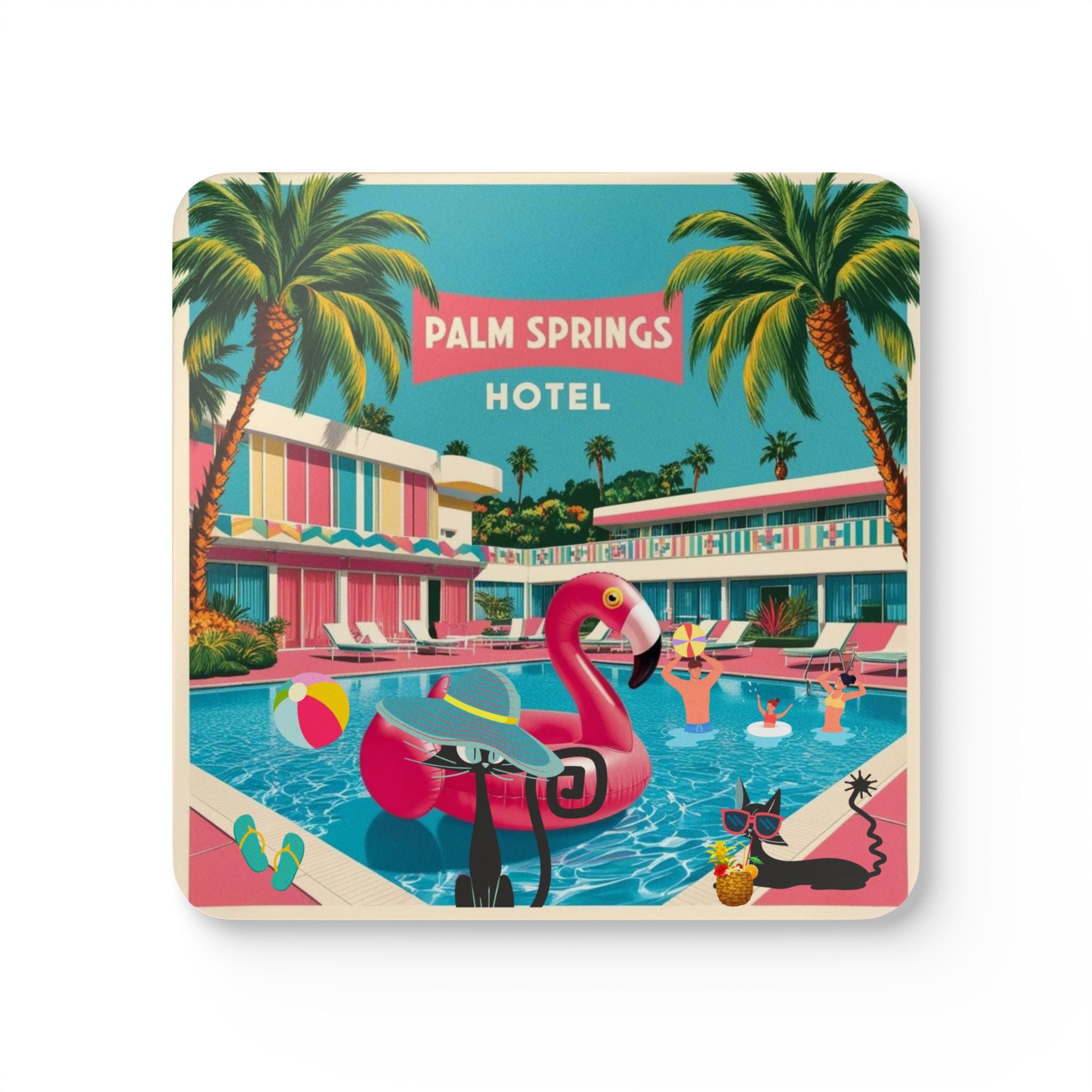 Old Palm Springs California, 50s Flamingo, Atomic Cats Kitschy MCM Barware Coaster Set - Vintage Tropical Drink Drinkware - Mid Century Modern Gal