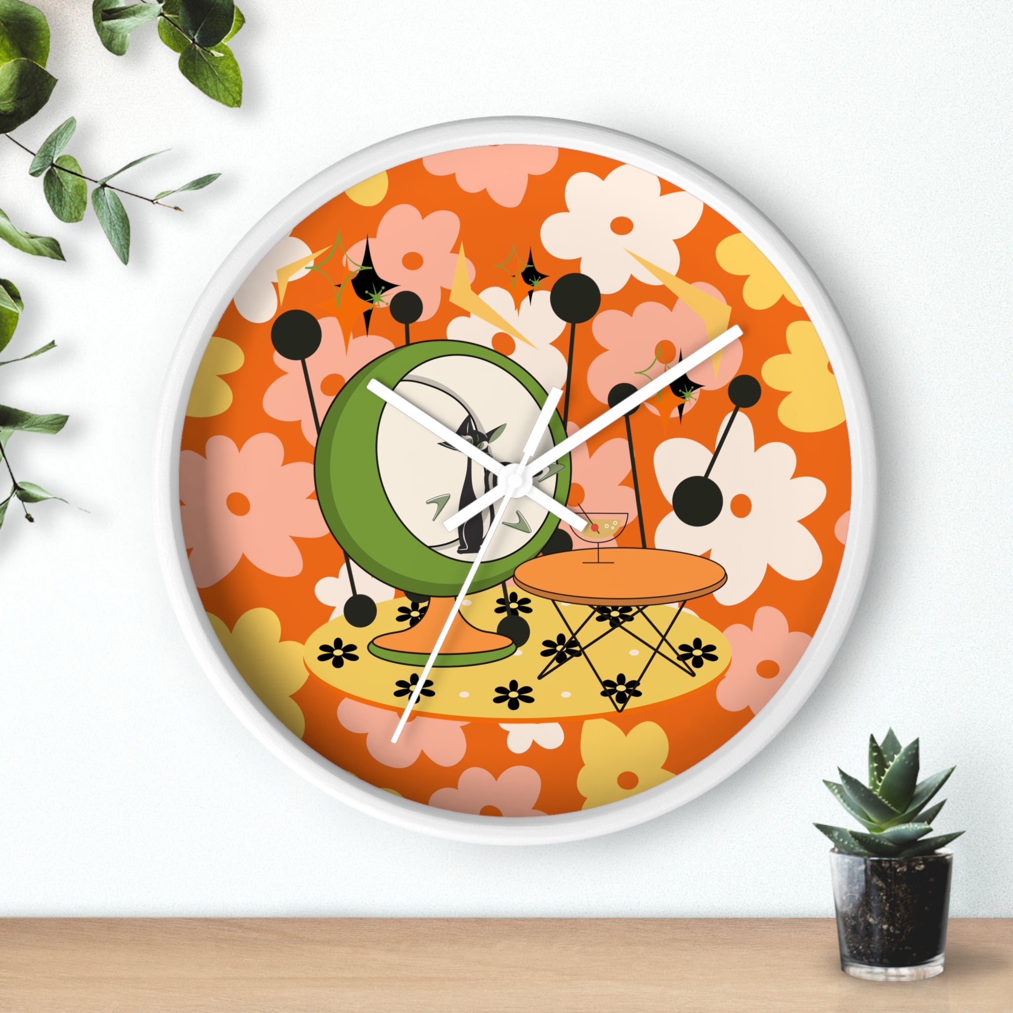 Atomic Cat Mid Century Modern Groovy Retro Floral Cat Wall Clock - Vintage Home Decor - Mid Century Modern Gal