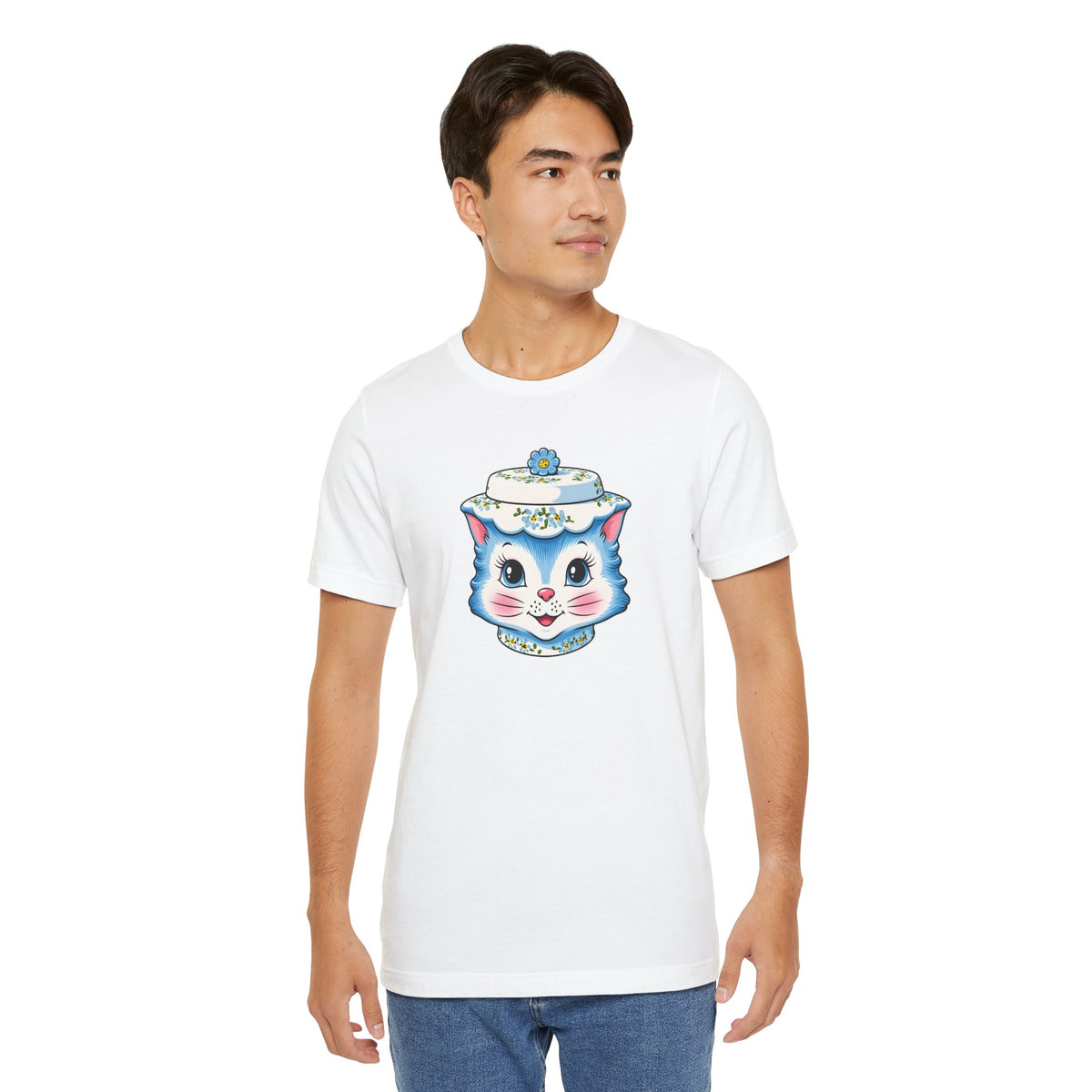 Mid Century Modern Kitschy Anthropomorphic Blue Cat with Floral Hat Unisex T-Shirt