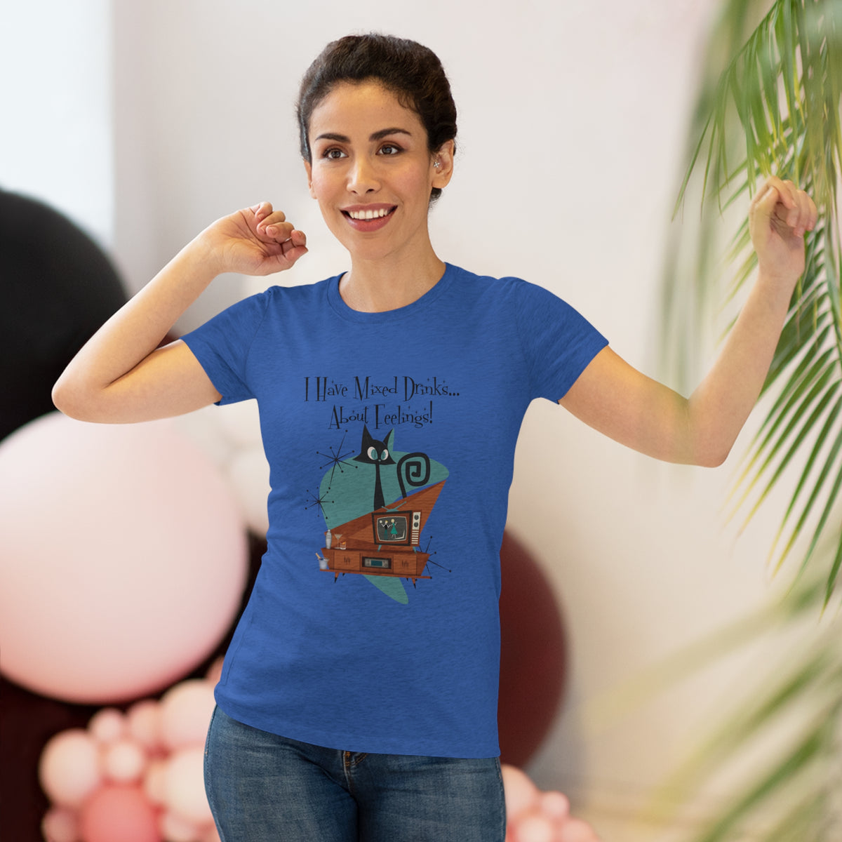 Atomic Kitschy Cat, Funny Cocktail Tee, Mid Century Modern Style Women's Triblend Tee - Mid Century Modern Gal
