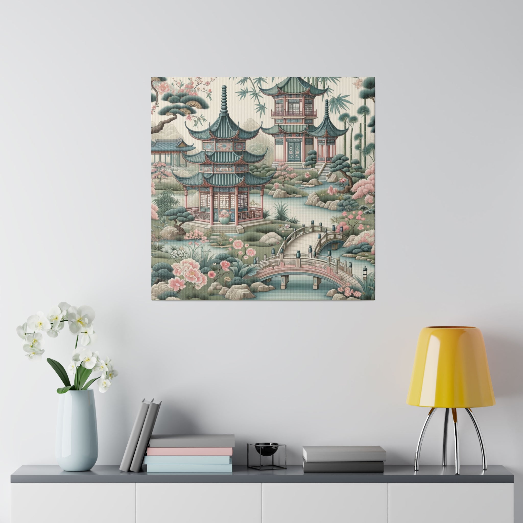 Chinoiserie Wall Art, Pagodas, Rivers, Pastel Southern Elegance Wall Art Matte Canvas - Mid Century Modern Gal