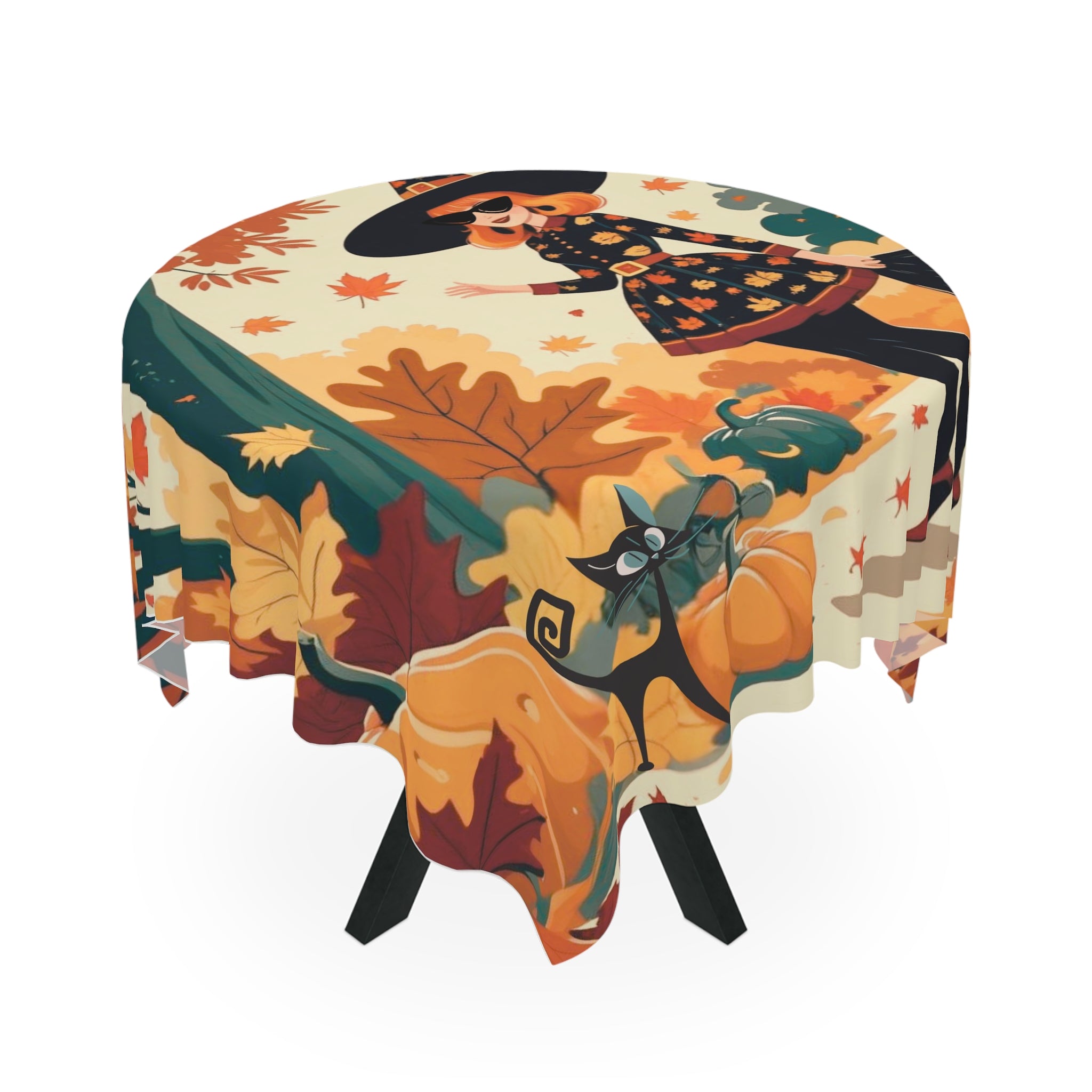 Mid Century Modern Fall Halloween Kitschy Witch Atomic Cat Tablecloth - Mid Century Modern Gal