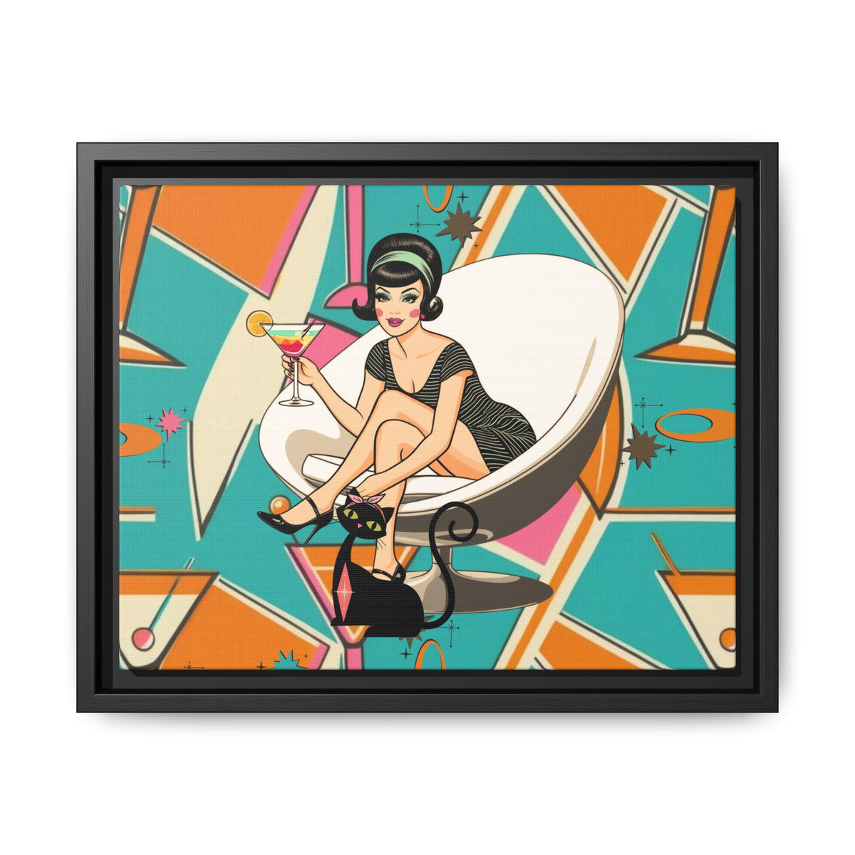 Mid Mod 60s Gal, Atomic Cat Barware Wall Art - Framed Matte Canvas with Vintage Cocktail And Retro Cat Design - Mid Century Modern Gal