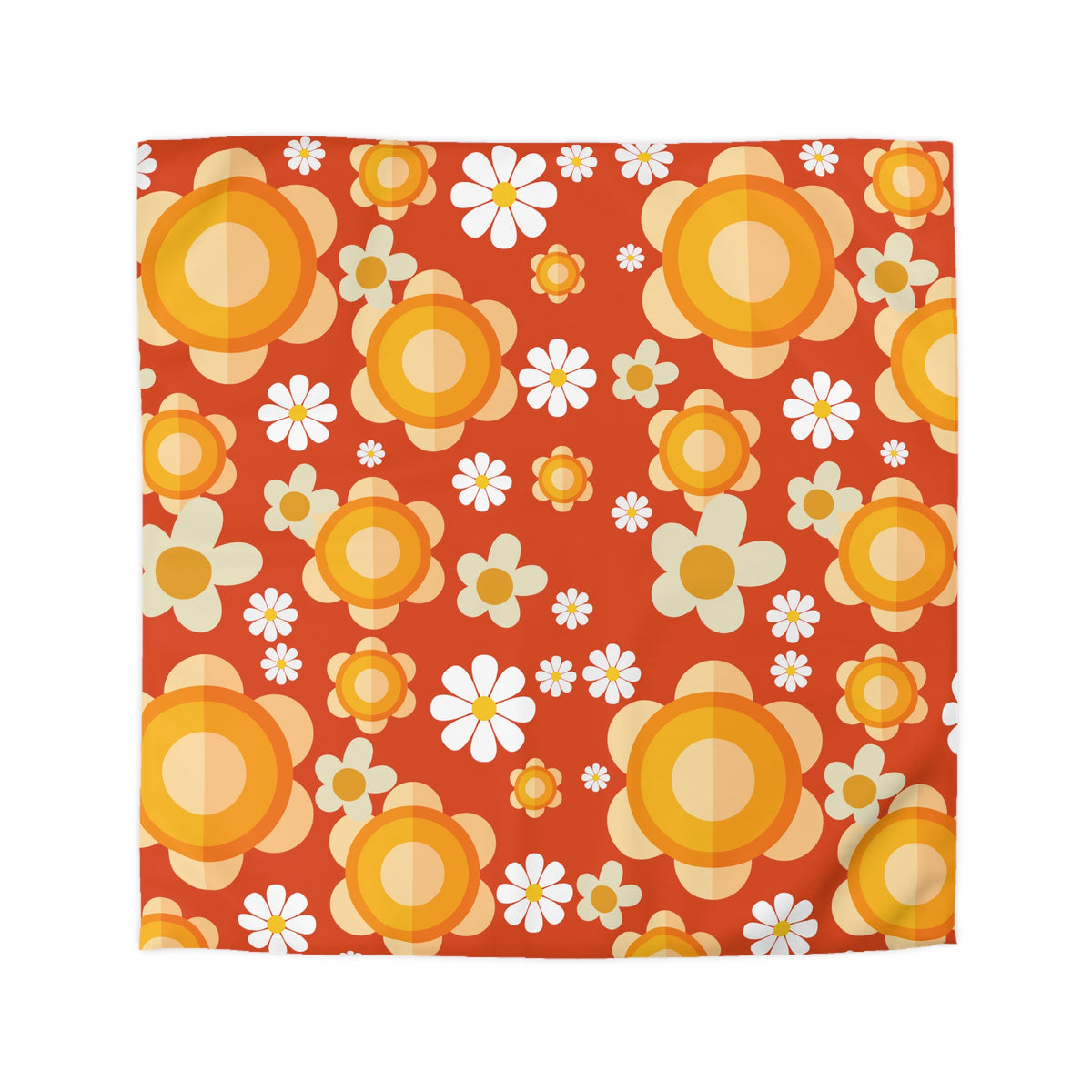 Retro Bedding Orange, White, Mod Daisy 70's Funky Groovy Hippie Queen Microfiber Duvet Cover - Mid Century Modern Gal