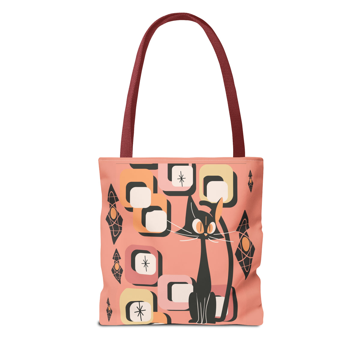 Atomic Cat Tote Bag, Coral Color, Mid Century Modern Geometric Designs, Mid Mod Retro Apparel - Mid Century Modern Gal