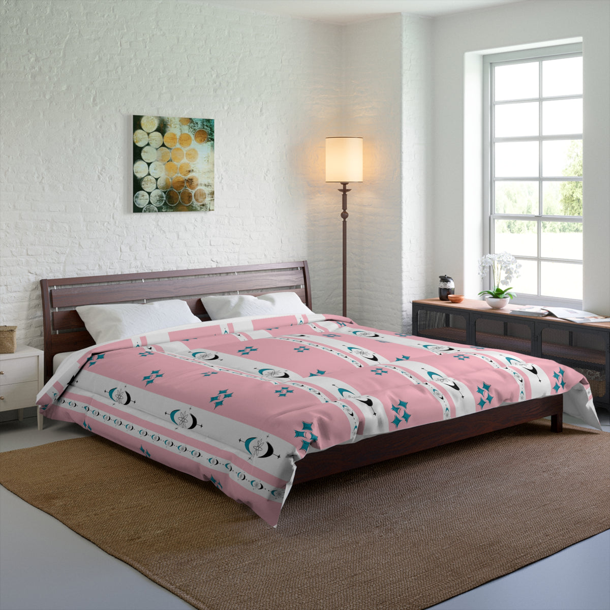 Atomic 50s Pink, Starbursts, Mid ModChic Comforter with Pink and Teal Pattern for Cozy Bedrooms - Mid Century Modern Gal