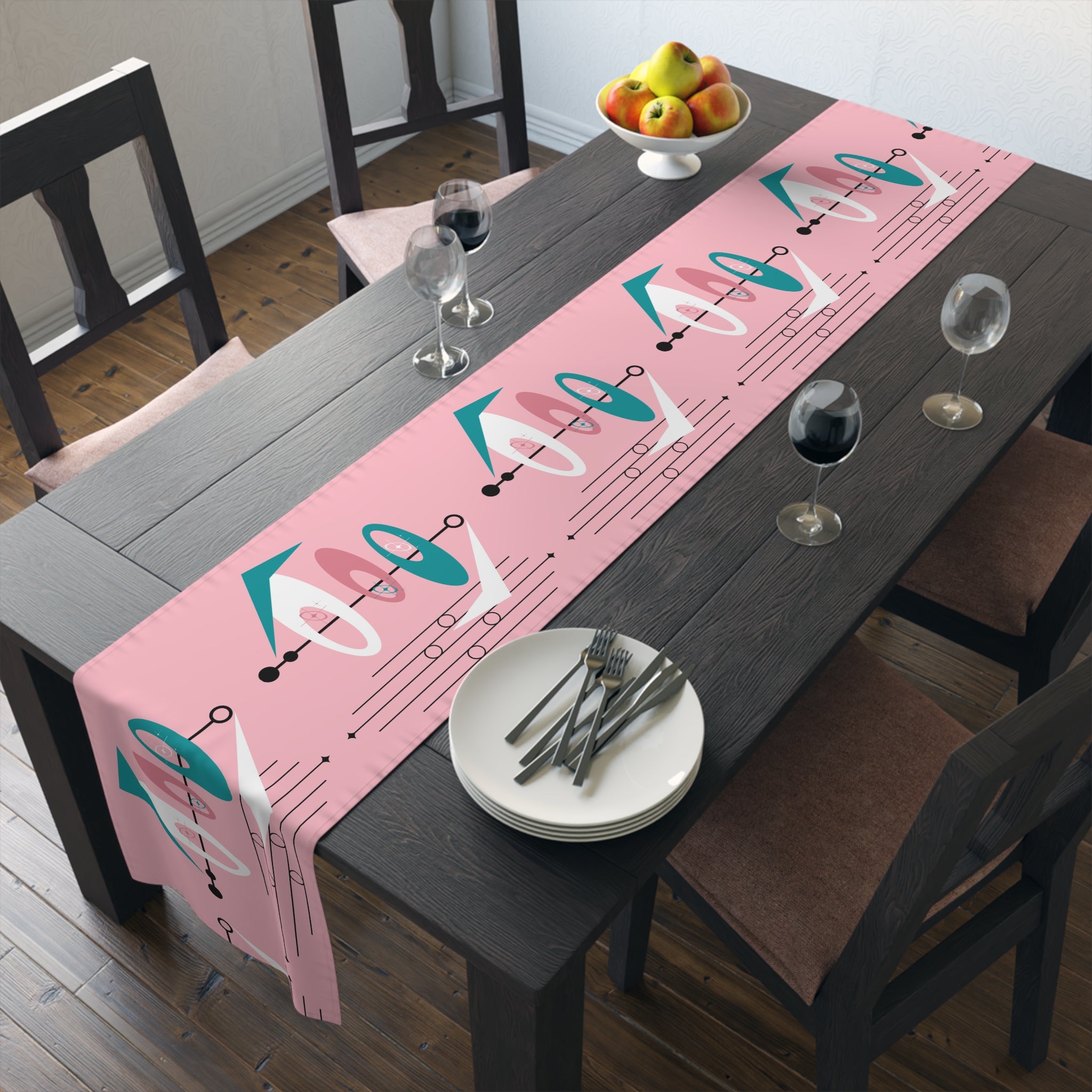 Atomic Pink, Teal Mid Century Modern Abstract Table Runner - Mid Century Modern Gal