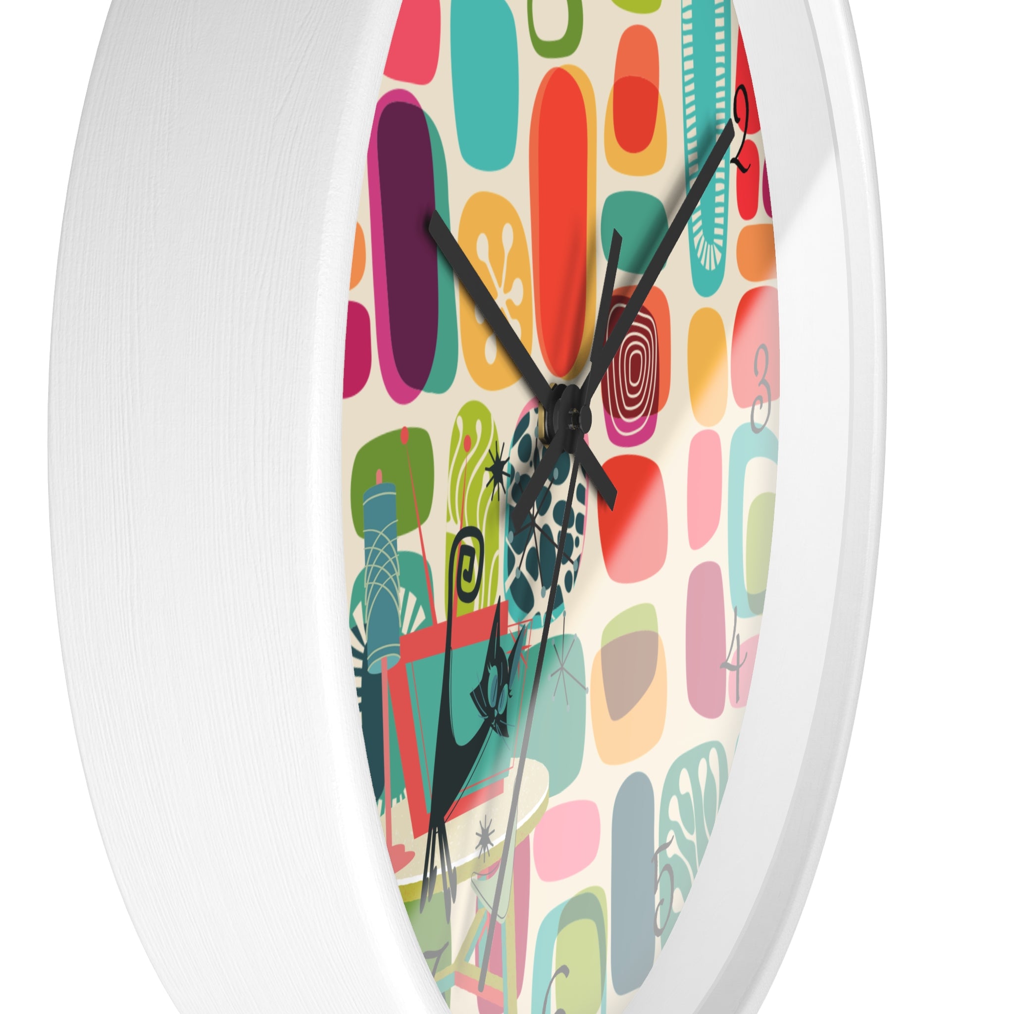 Mid Mod Amoeba Design With Kitschy Atomic Cat, Quirky Fun Retro Wall Clock - Mid Century Modern Gal