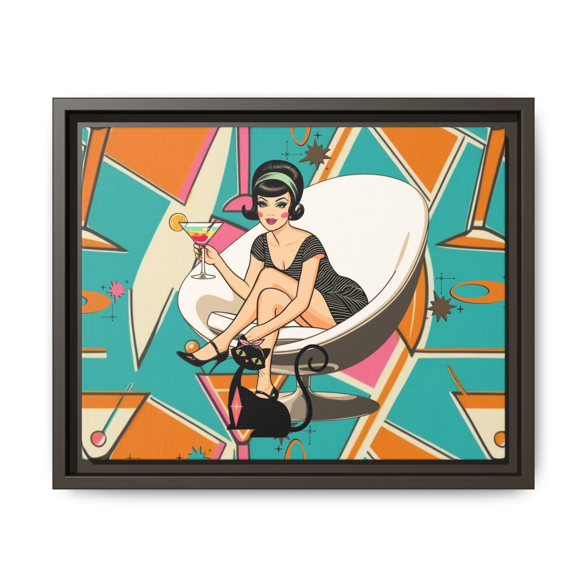 Mid Mod 60s Gal, Atomic Cat Barware Wall Art - Framed Matte Canvas with Vintage Cocktail And Retro Cat Design - Mid Century Modern Gal