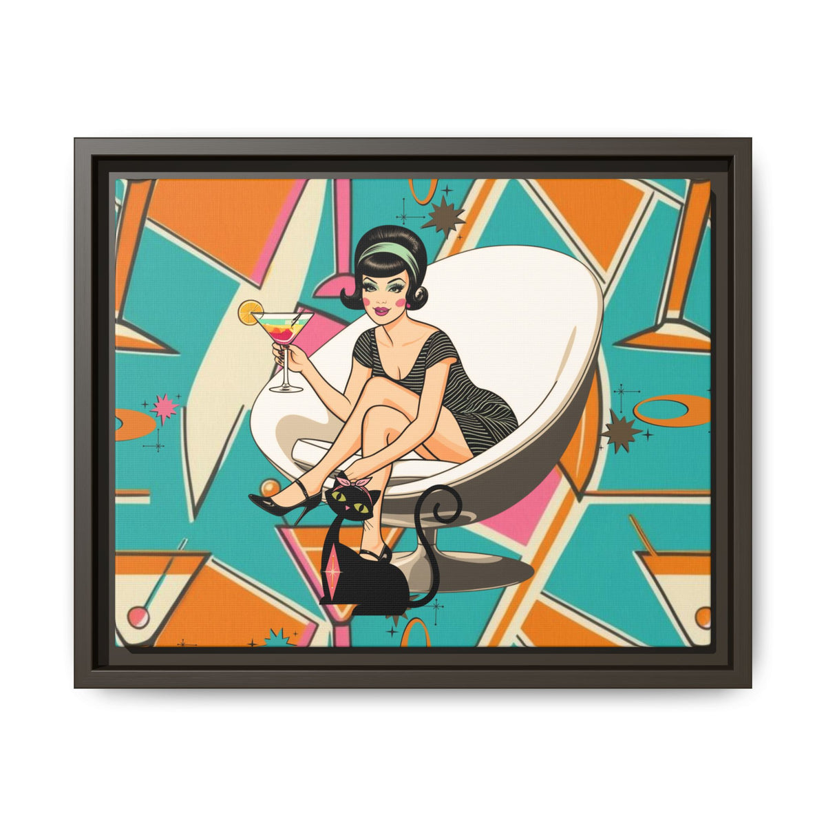 Mid Mod 60s Gal, Atomic Cat Barware Wall Art - Framed Matte Canvas with Vintage Cocktail And Retro Cat Design - Mid Century Modern Gal