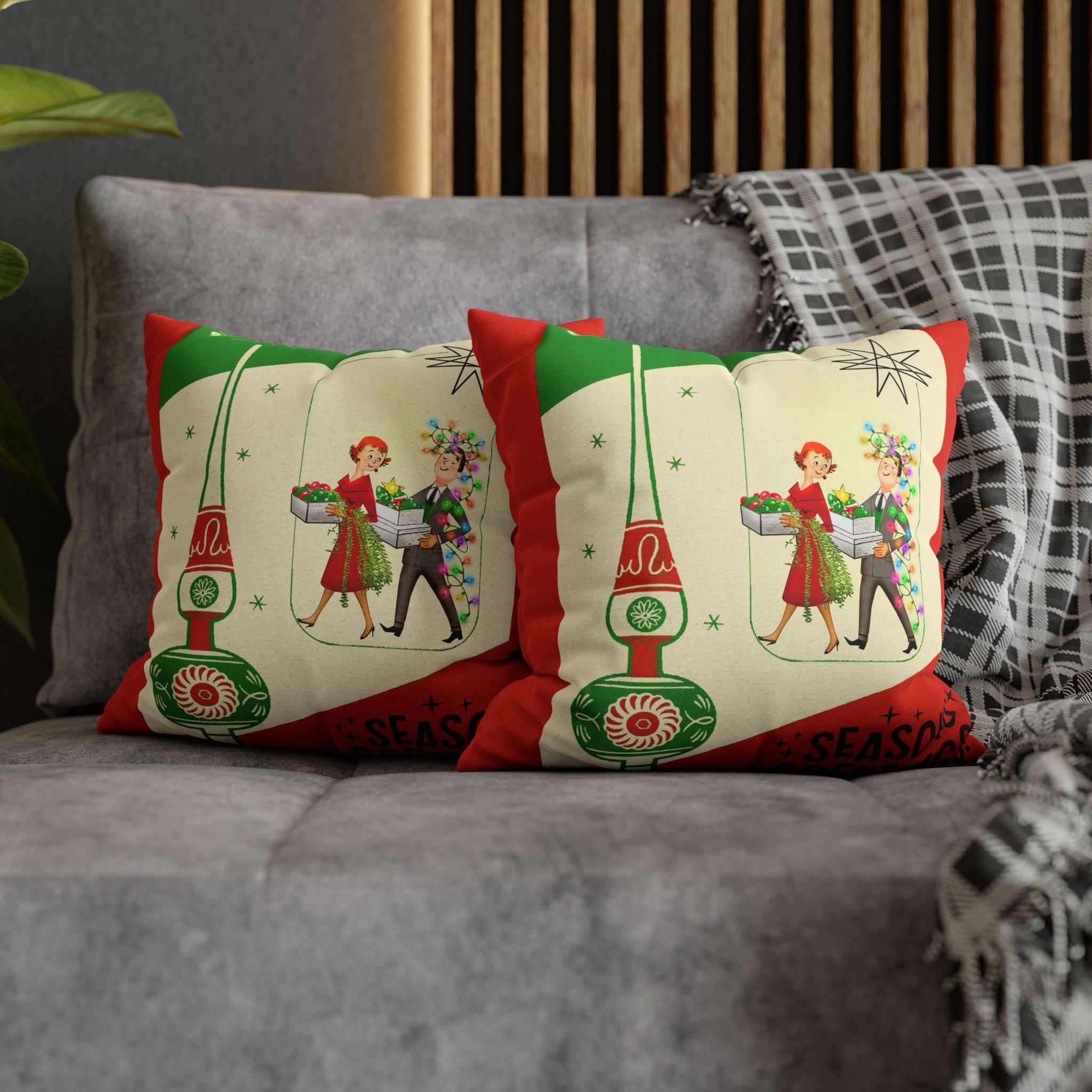 Shiny Brite Holiday Pillow Cover, Mid Century Modern Kitschy Couple Season Greetings - Mid Century Modern Gal