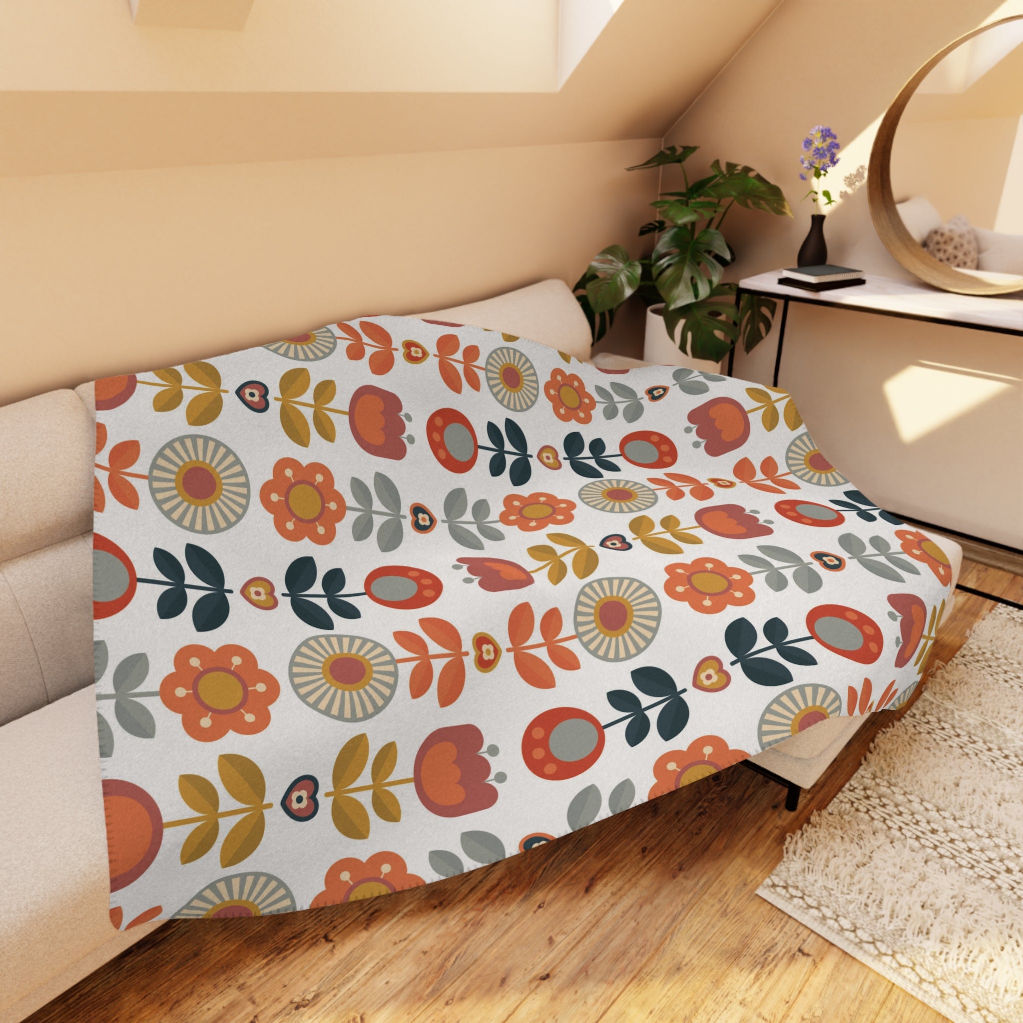 Retro Scandinavian Modern Danish Cozy Floral Tan Sherpa Blanket - Soft Throw Blanket for Home Decor & Gifts - Mid Century Modern Gal