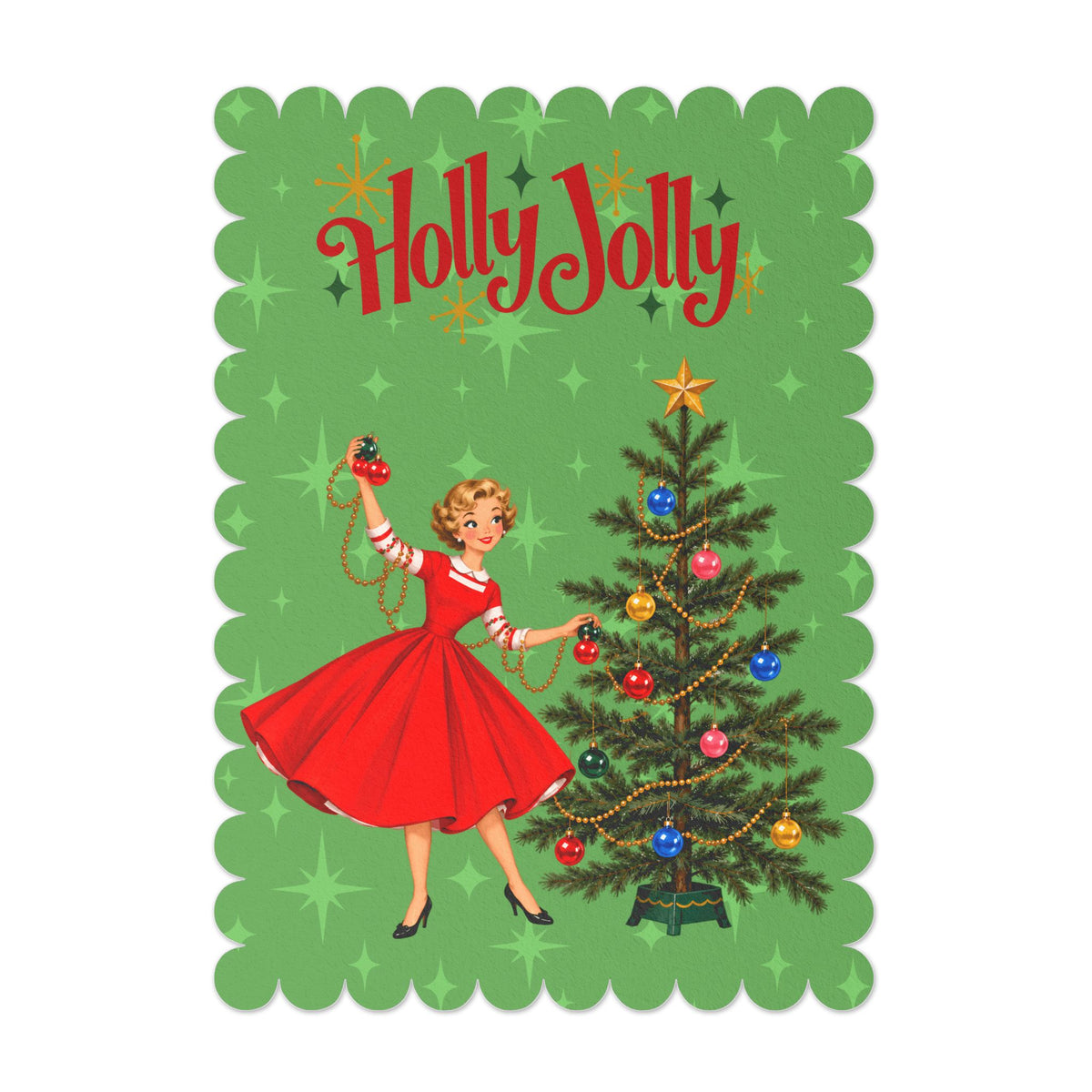 Mid Century Modern Gal Decorating Christmas Tree, Green Atomic Starbursts Flat Postcard Style Christmas Greeting Cards