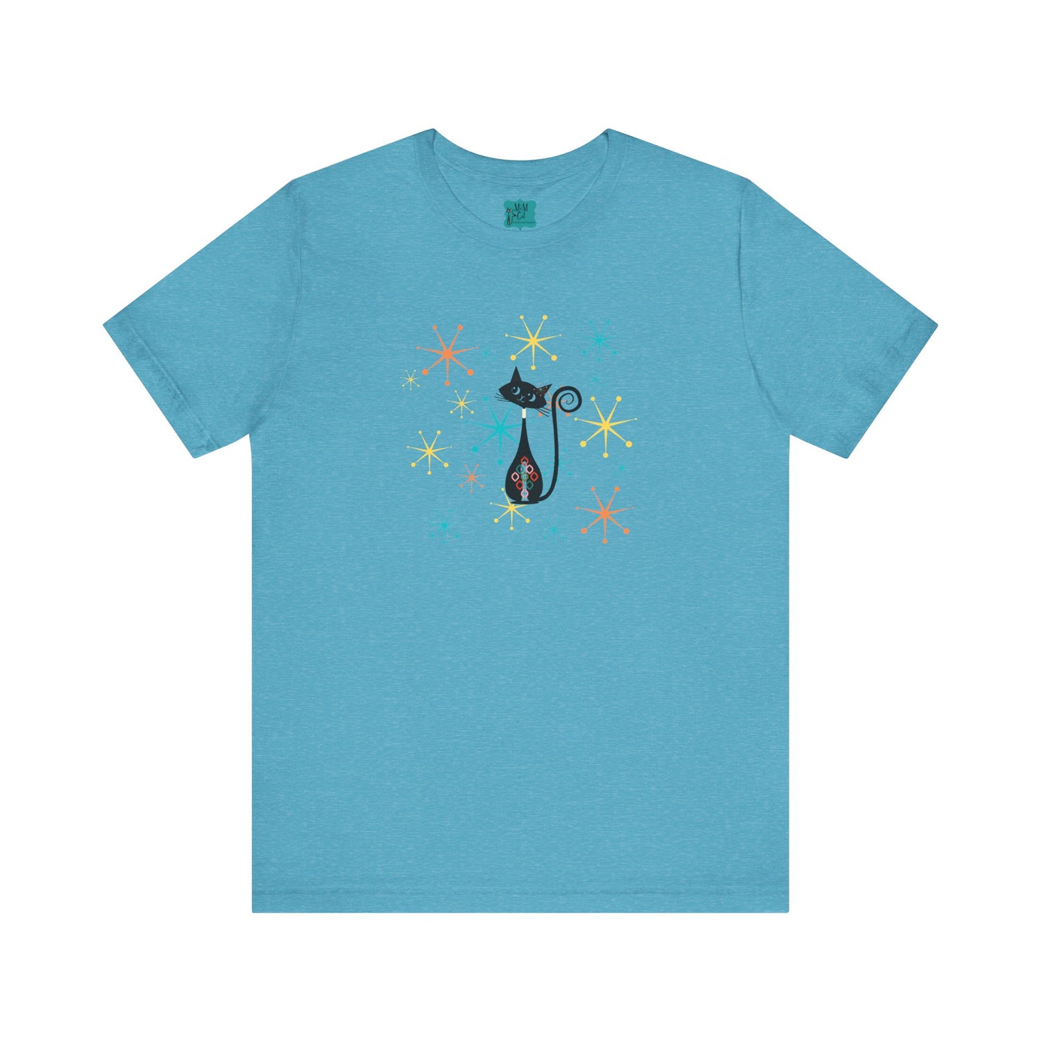 Atomic Cat Mid Century Modern Starburst Whimsical Cat Short Sleeve Tee - Colorful Star Design - Mid Century Modern Gal