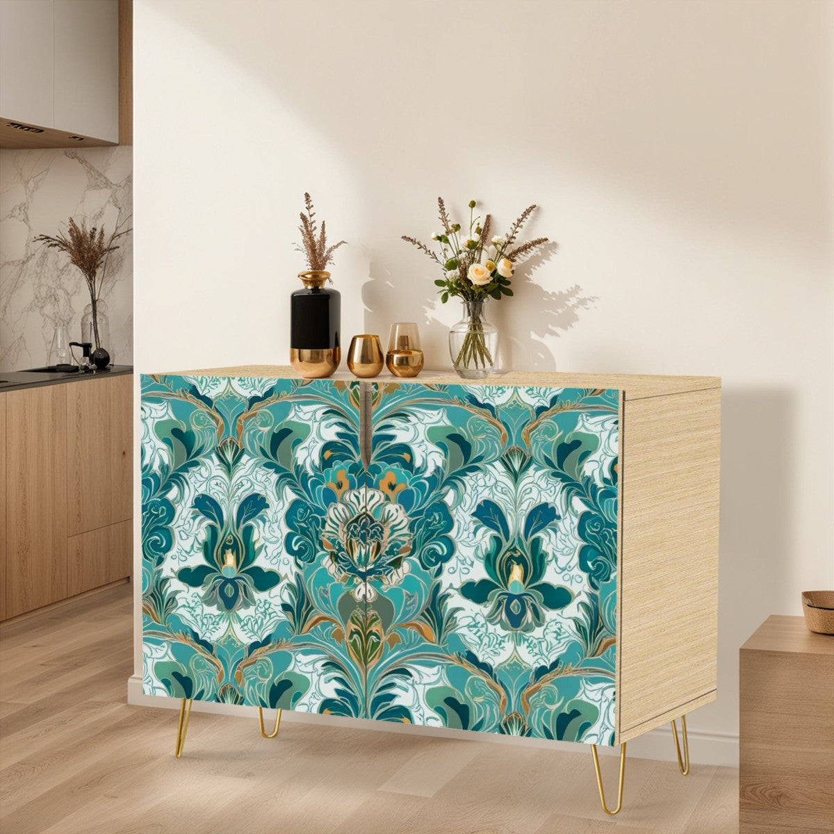 Chinoiserie Sideboard Floral Teal Green Gold, Elegant Wooden Storage Cabinet - Mid Century Modern Gal
