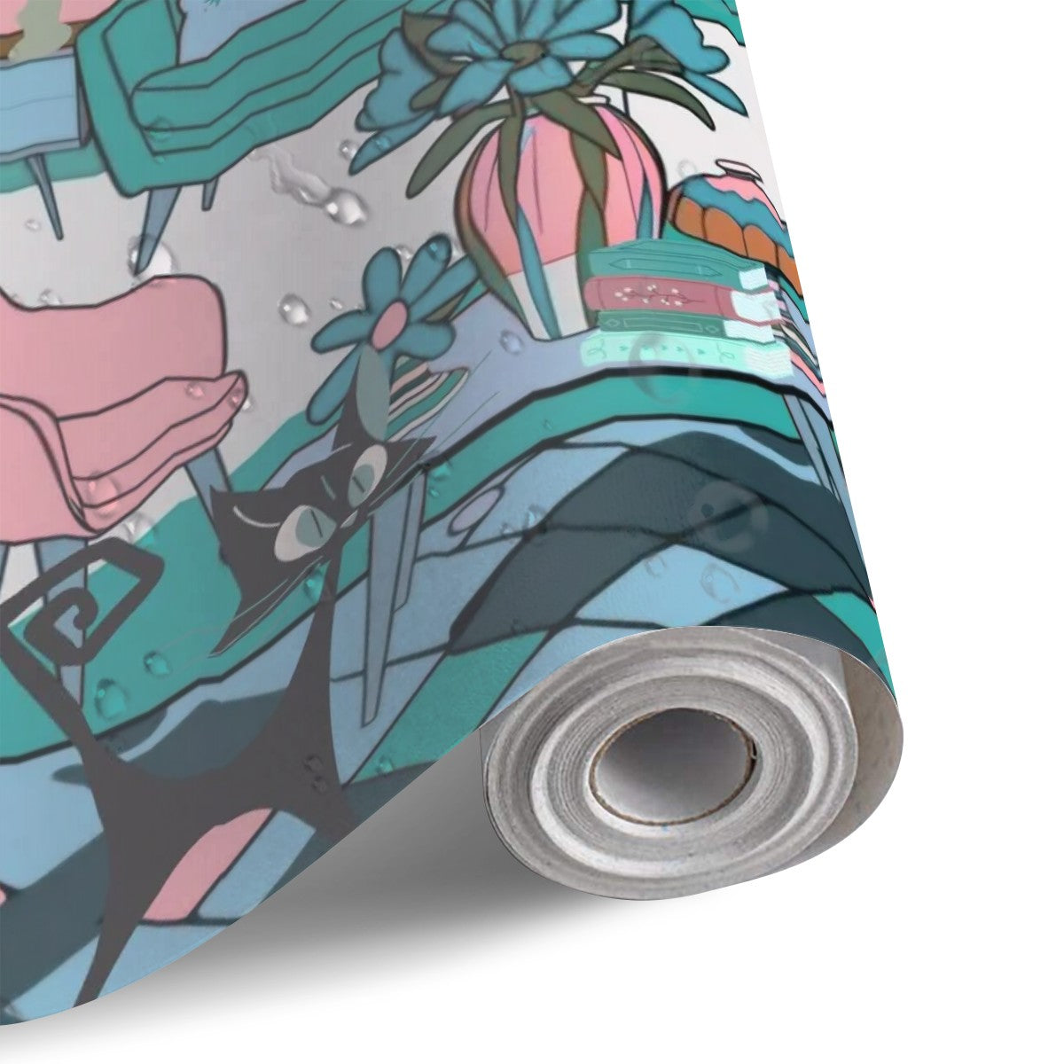 Atomic Cat Lounge Mid Century Modern Pink Teal Kitschy Mod Canvas Self Adhesive Wallpaper - Mid Century Modern Gal