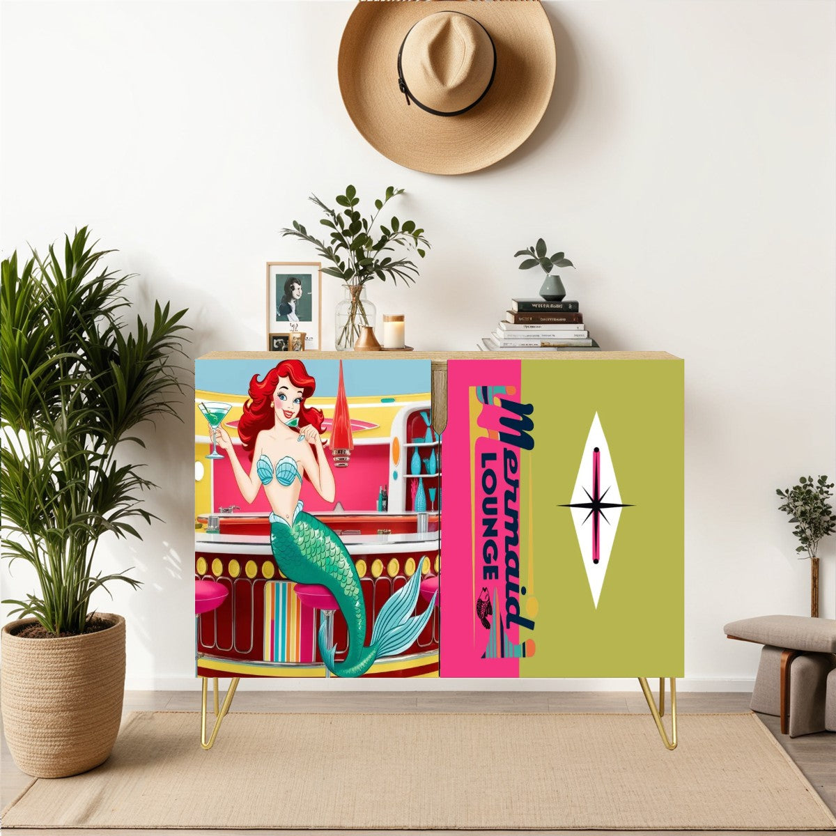 Mid Century Modern Mermaid Kitschy Hot Pink, Green Atomic Coctail MCM Bar Cabinet Wooden Storage Cabinet - Mid Century Modern Gal