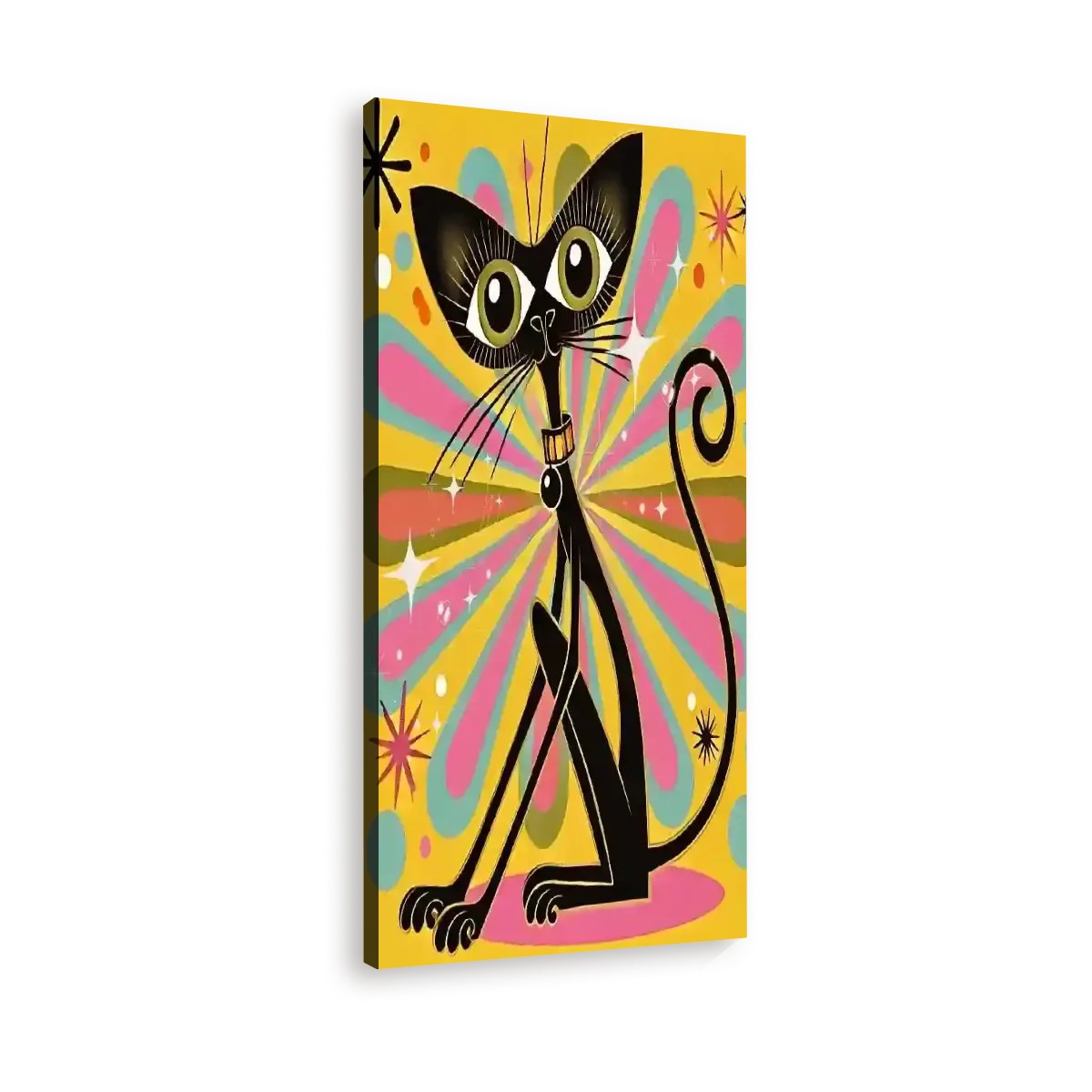 Atomic Groovy Cat Wall Art, Kitschy Retro Quirky Cat Lover Large Canvas Print - Mid Century Modern Gal
