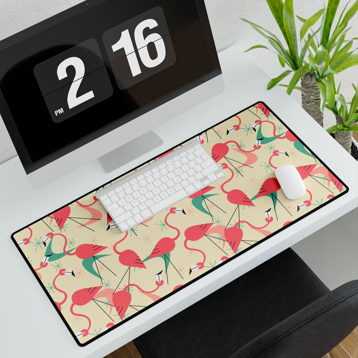 Retro Flamingo Dance Party, Kitschy Quirky Palm Spring California Tropical Flamingo Desk Mat - Colorful Office Decor for Stylish Workspaces - Mid Century Modern Gal