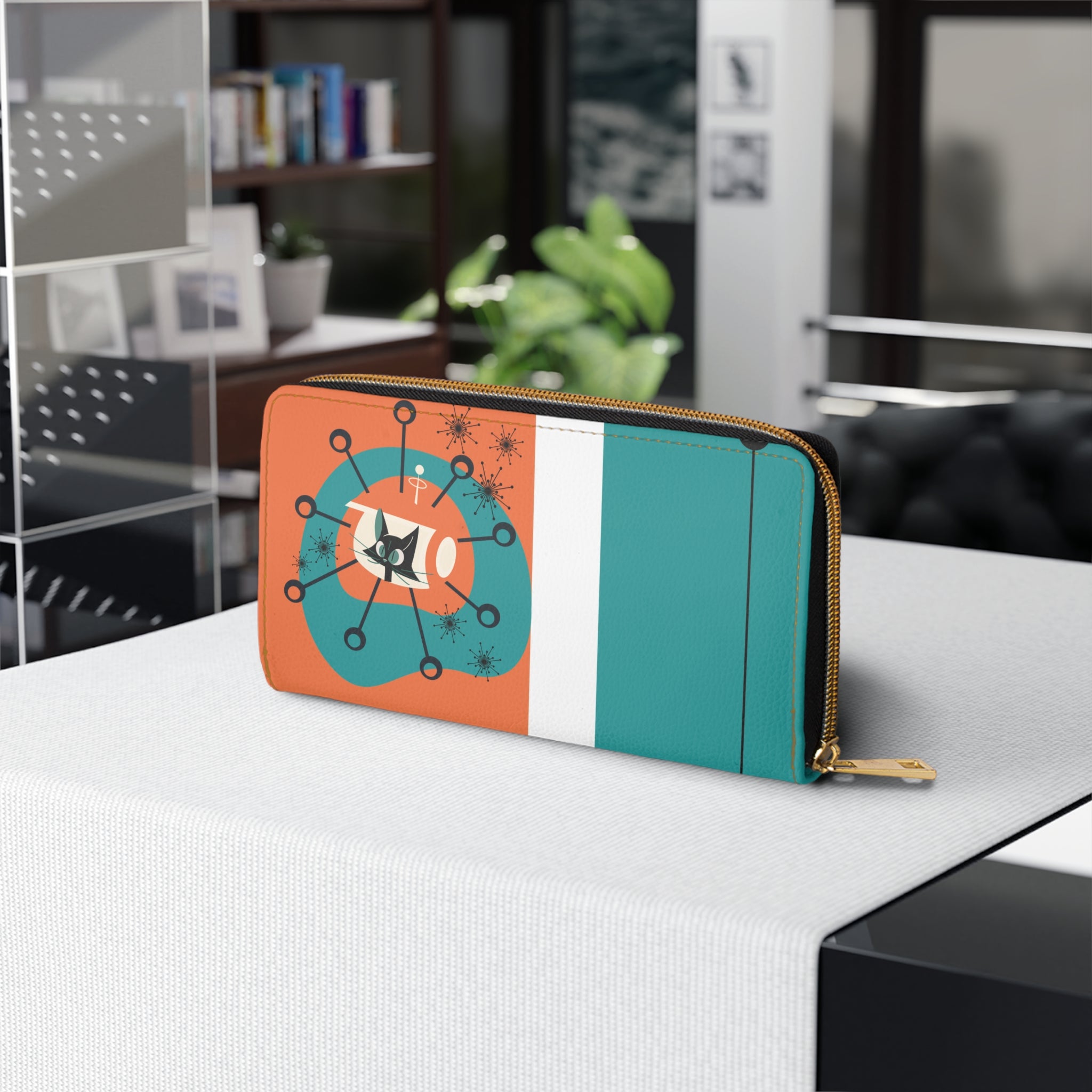 Atomic Cat Orange, Teal Space Age Kitschy Fun Zipper Wallet - Mid Century Modern Gal