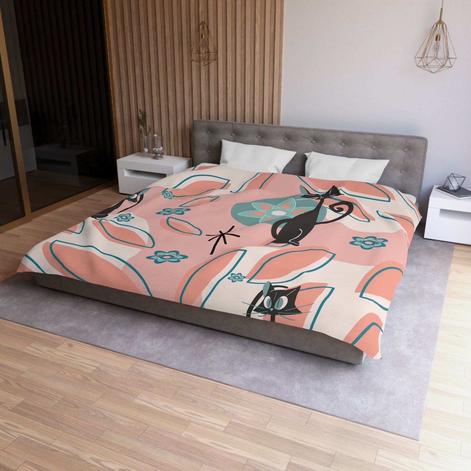 Atomic Cat Mid Century Modern Bedding, Coral Peach, Kitschy Abstract, Atomic Space, MCM Kitschy 50s Duvet Cover - Mid Century Modern Gal