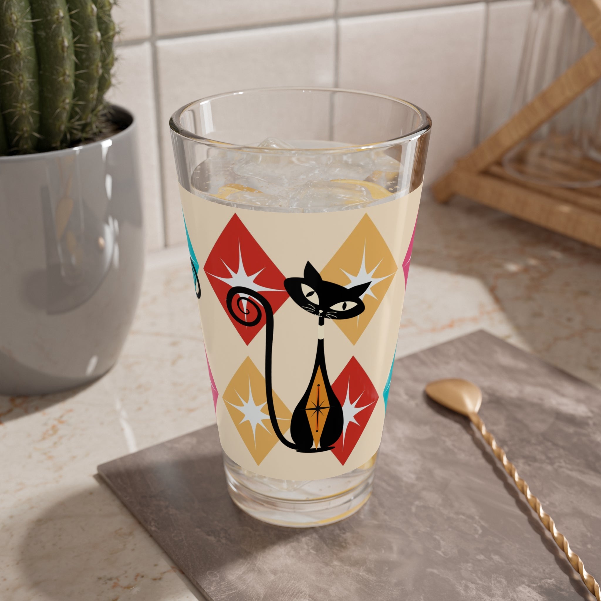 Atomic Cat Kitschy Mod Pint Glass, Harlequin Diamonds, Starburst Mid Century Modern Barcart Barware Mixing Glass, 16oz - Mid Century Modern Gal